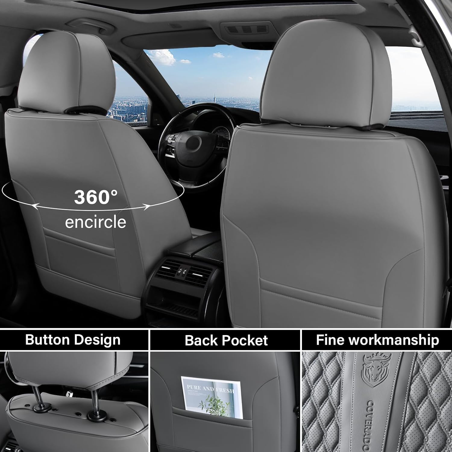 Thumbnail 3 de Coverado Car Seat Covers Full Set: Nappa Leather, Gray, with Lumbar Support and Waterproof Protection