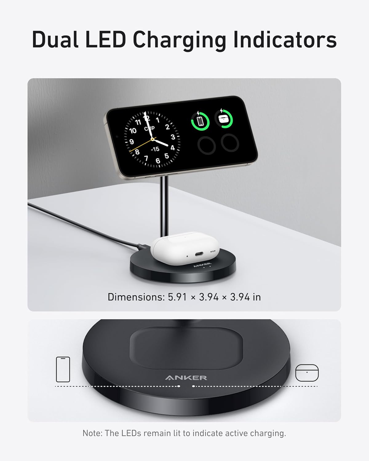 Detalle de Anker MagGo 2-in-1 Wireless Charging Station (MagSafe compatible) with Qi2 15W stand