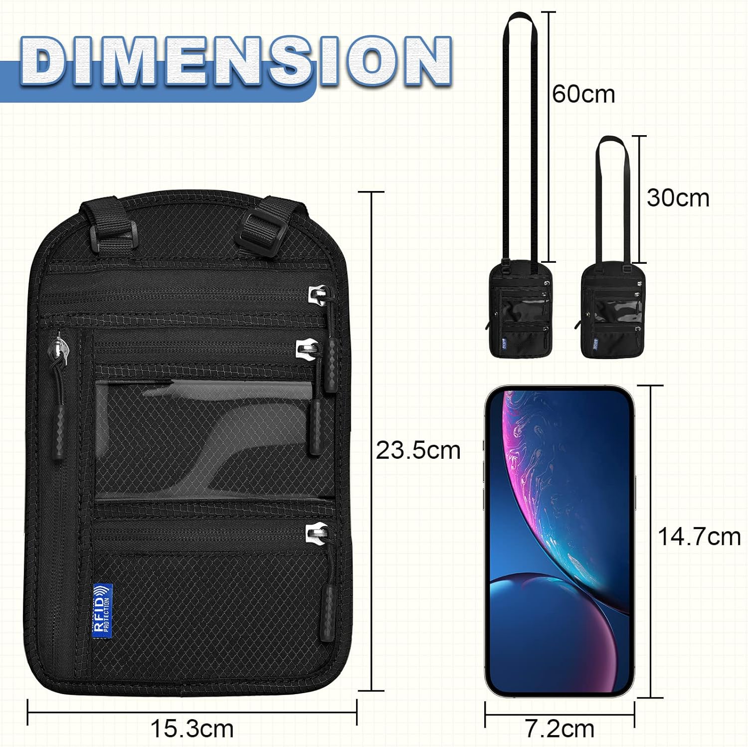 Thumbnail 1 de Yordawn Brustbeutel / Brusttasche mit RFID-Schutz und verstellbarem Halsriemen (Dunkelschwarz) – wasserdichter Reisegeldbeutel