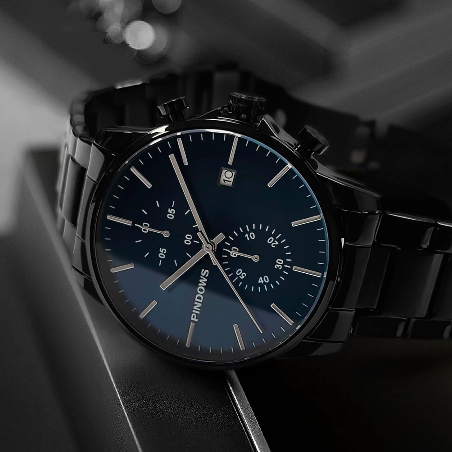Thumbnail 6 de PINDOWS Schwarze Herrenuhr: Minimalistischer Edelstahl Chronograph mit Datum, 3ATM wasserdicht