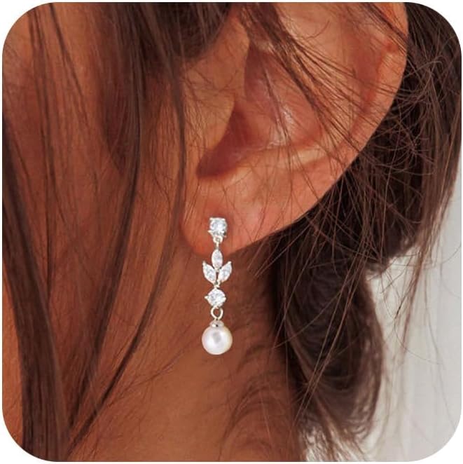 Detalle de HARJJME Perlen Ohrringe Silber 925 | 14K vergoldete Hänger mit Zirkonia – lang, hypoallergene Modeschmuck