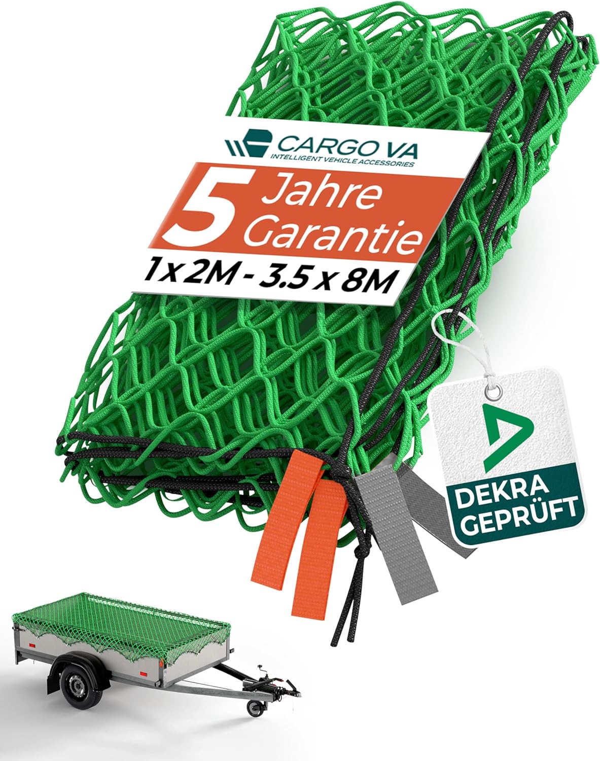 CargoVA Filet pour remorque 2,5x3,5M – DEKRA Approuvé, avec Corde élastique et marquage des Coins