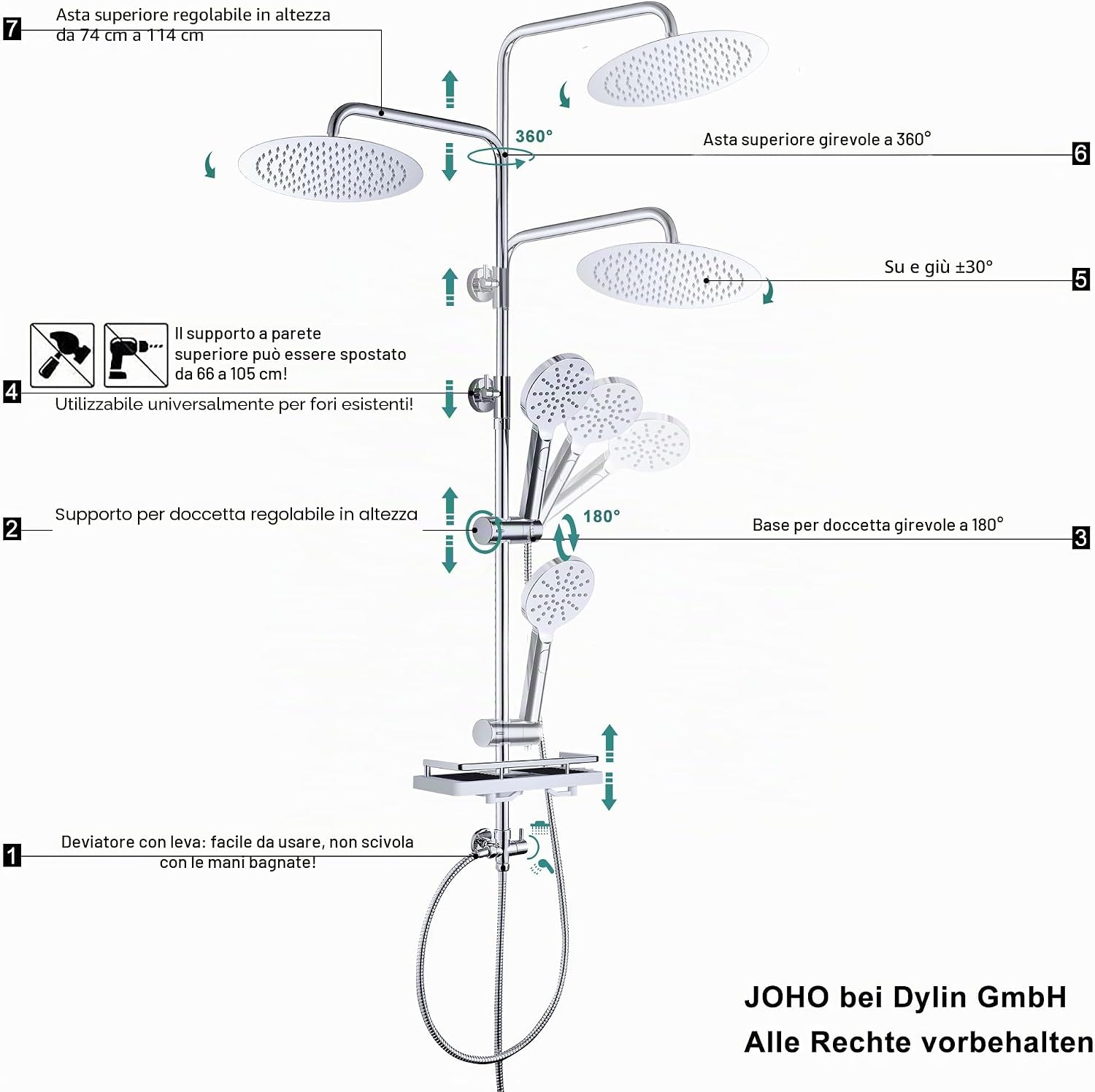 Detalle de JOHO Colonna Doccia in Acciaio Inox – Set completo con mensola e soffione a pioggia, D30 cm