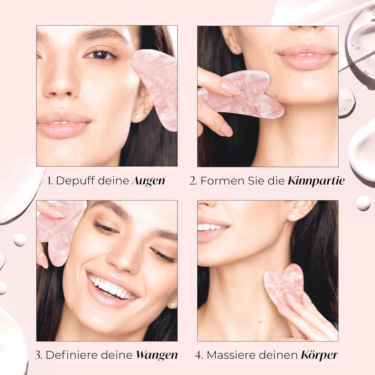 Detalle 2 de PLANTIFIQUE Rosenquarz Gua Sha Stein für Gesichtsmassage