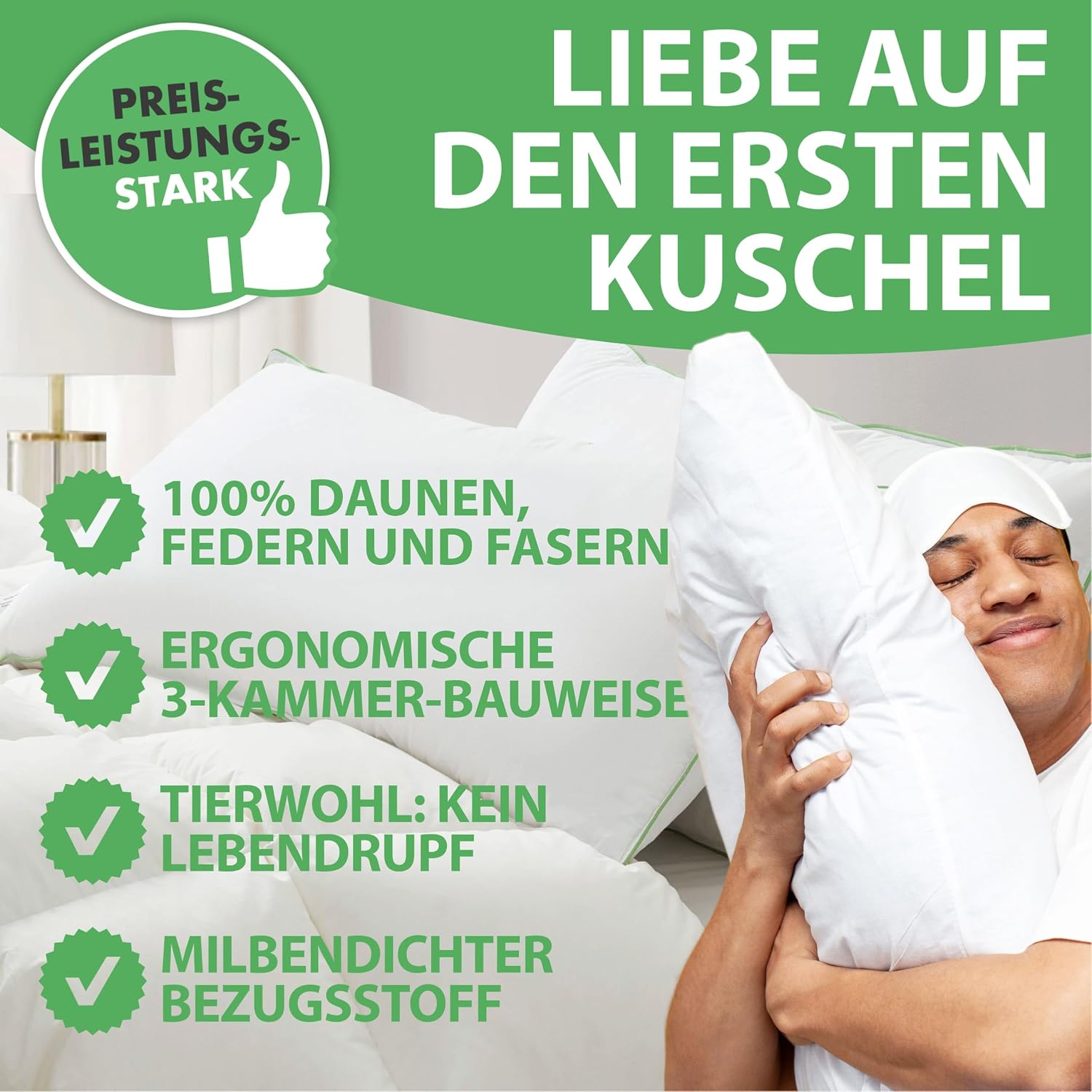 Detalle de Welldora Premium Kopfkissen 50x70 mit 3-Kammer-Bauweise – mittelfestes Nackenstützkissen aus natürlichen Daunenfasern & Federn