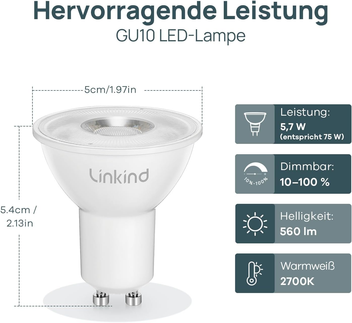 Thumbnail 2 de Linkind Dimmbar GU10 LED-Lampen 5,7 W (5 Stück) – ersetzt 75 W, 2700 K, 36° Abstrahlwinkel, 560 lm, CRI>80