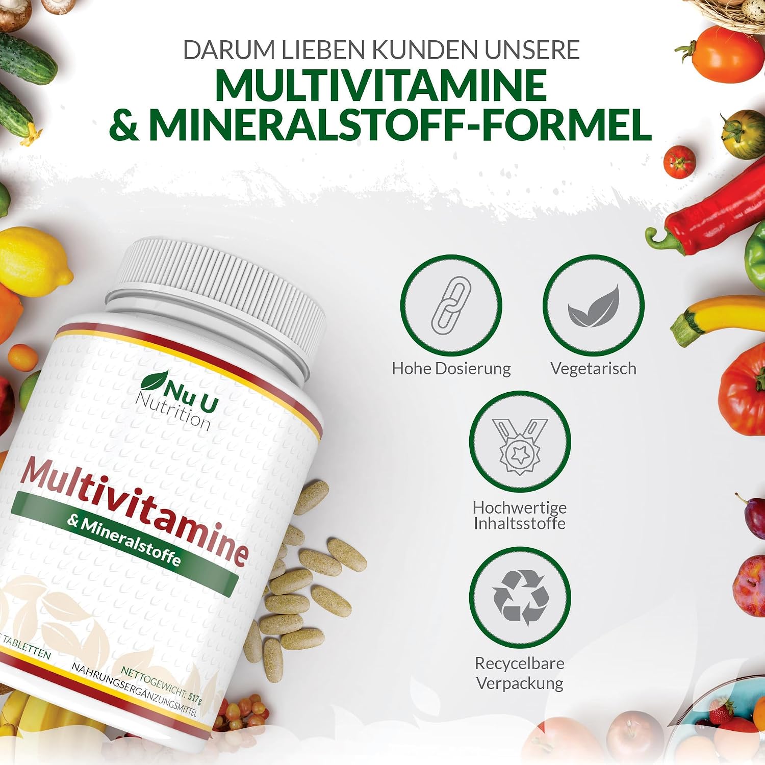 Thumbnail 6 de Nu U Nutrition Multivitamin & Mineralstoffe A–Z – 365 vegetarische Tabletten (A–Z, 25 Nährstoffe pro Tablette)