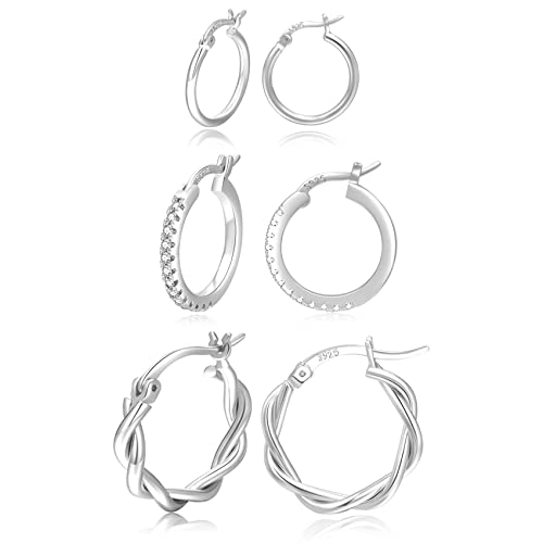 Detalle de PABBEU 5 Pairs Sterling Silver Hoop Earrings for Women - Small Sleeper Hoops