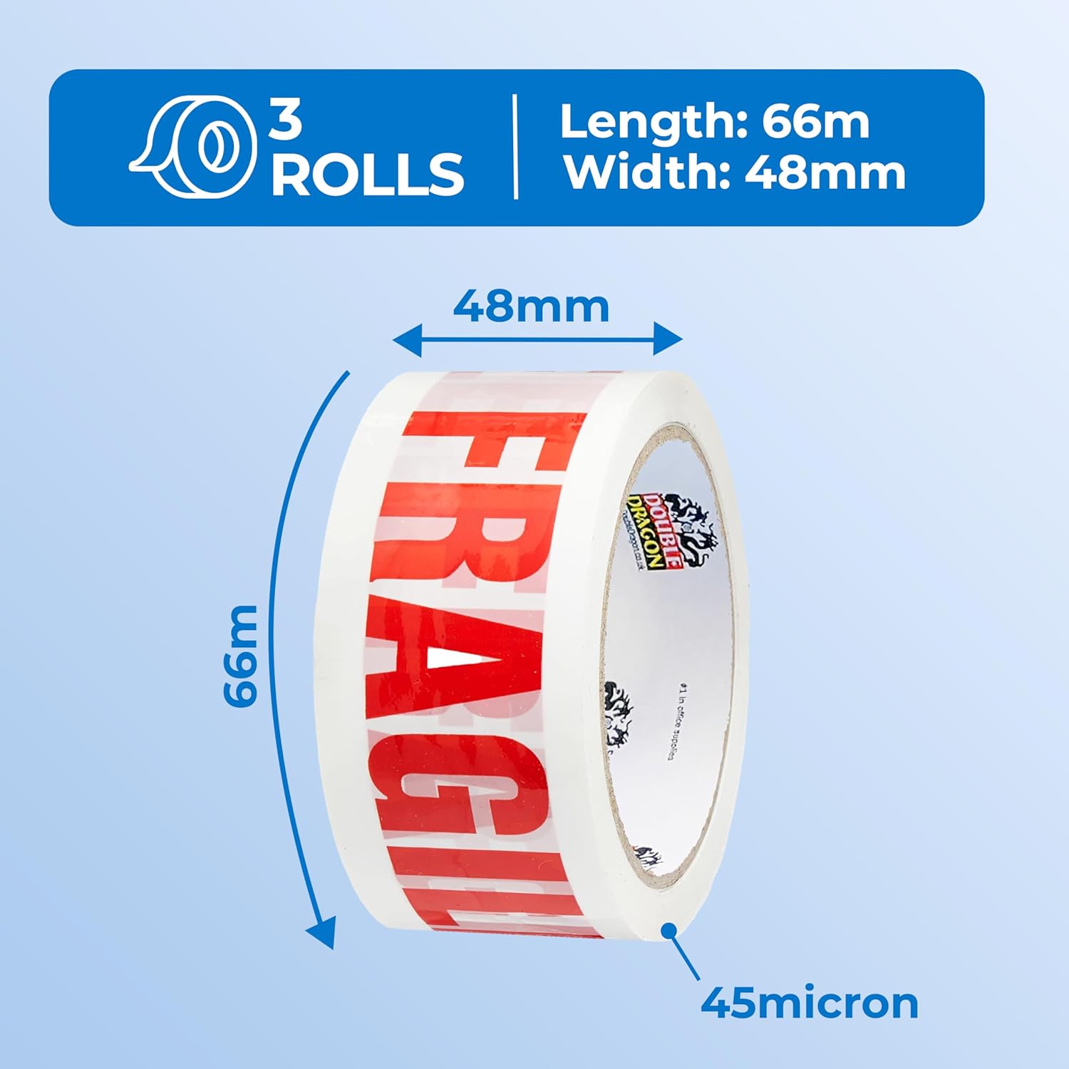 Thumbnail 1 de Double Dragon Extra Thick Fragile Printed Tape – 48mm x 66m (Pack of 3)