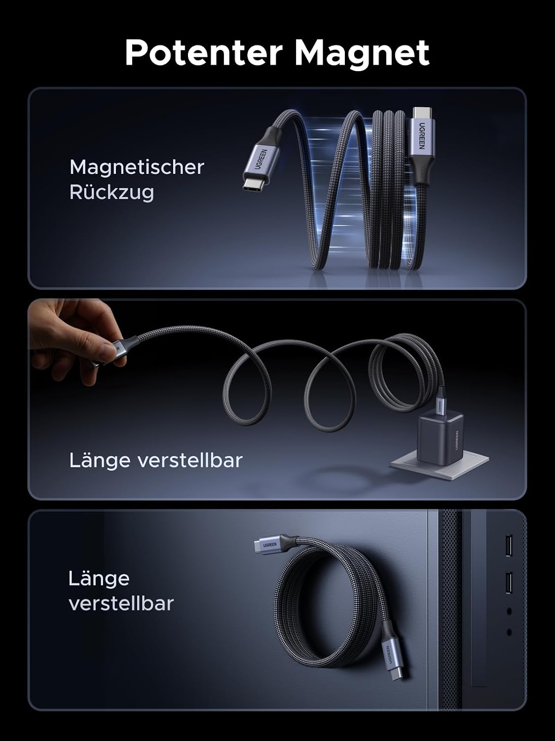 Detalle 2 de UGREEN Magnetisches 240W USB-C Kabel – Selbstaufwicklung, PD 3.1, E-Marker, 1 m