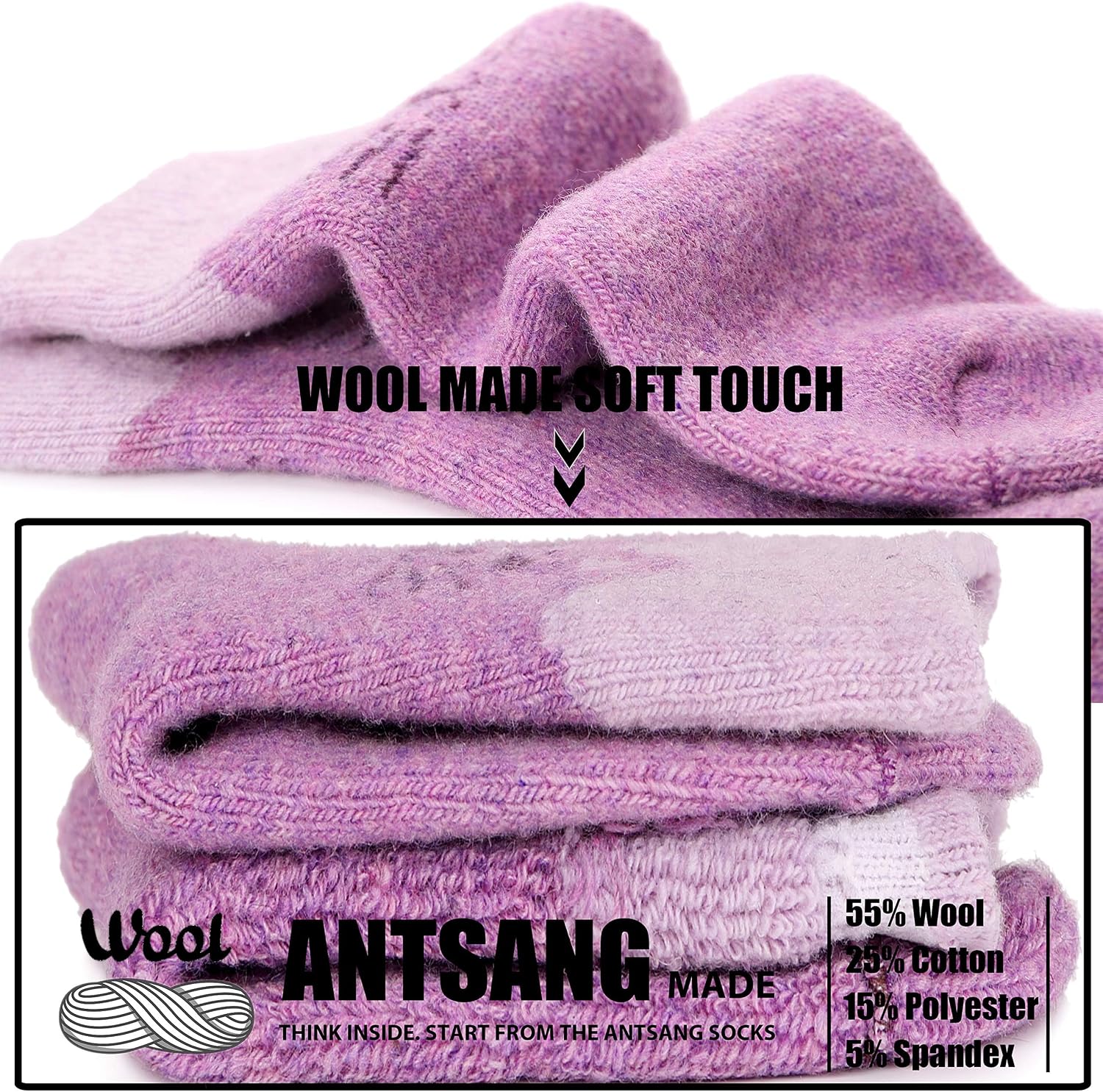 Thumbnail 2 de ANTSANG Kids Merino Wool Hiking Socks, 6-Pair Cushioned Crew Boot Socks