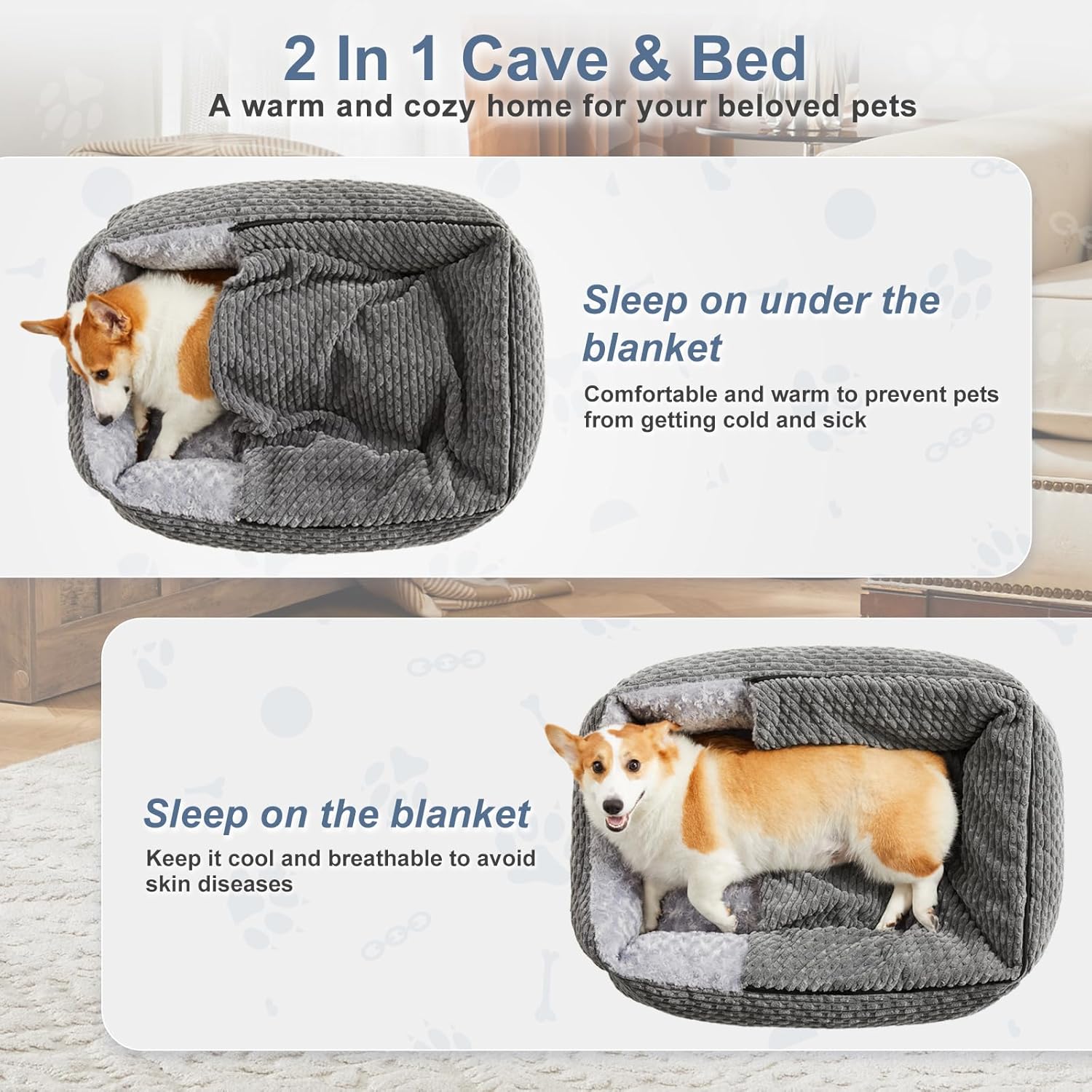 Detalle de Heymamba Extra Large Rectangle Hooded Dog Cave Bed (Grey) 90x65x23cm