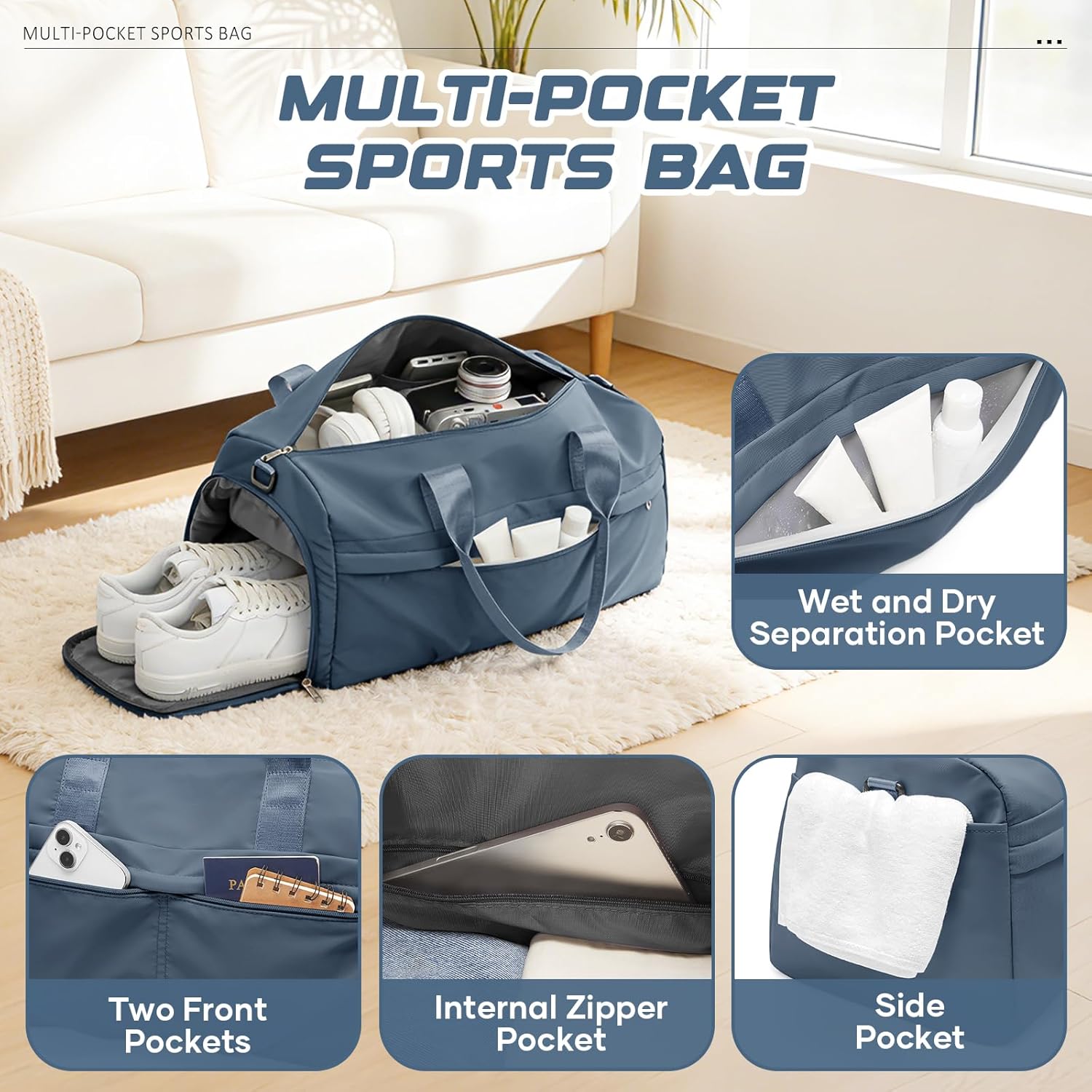 Detalle de WEPLAN Sporttasche D2-Königsblau – Wasserdichte Weekender- und Reisetasche mit Schuhfach