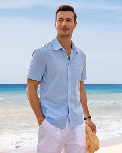 Detalle de J.VER Mens Linen Shirts Short Sleeve Summer Casual Lightweight Cotton Regular Fit Beach Button Down Shirt for Men with Pocket Blue L
