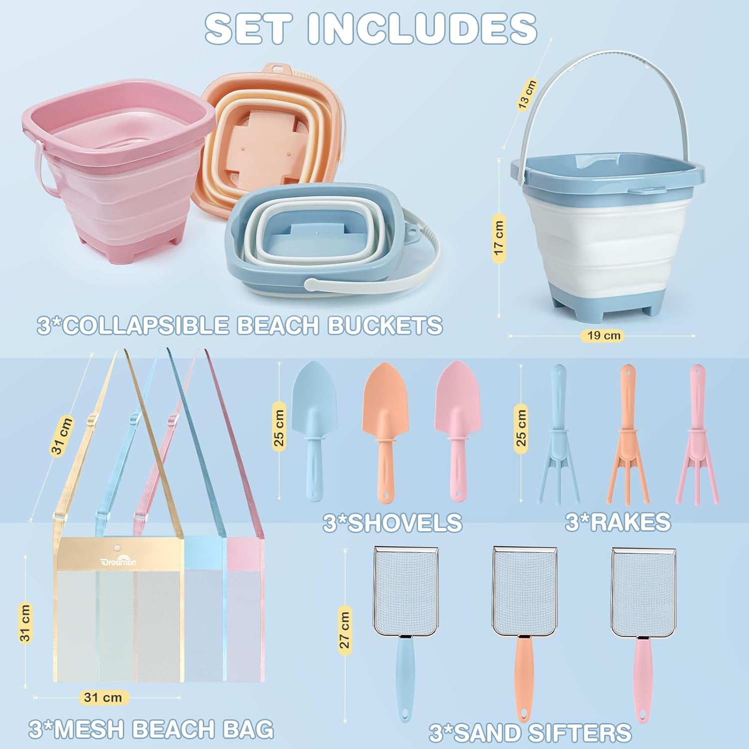 Detalle de Dreamon Beach Sand Toys 3 Set: Collapsible Buckets, Shovels & More for Shared Beach Fun