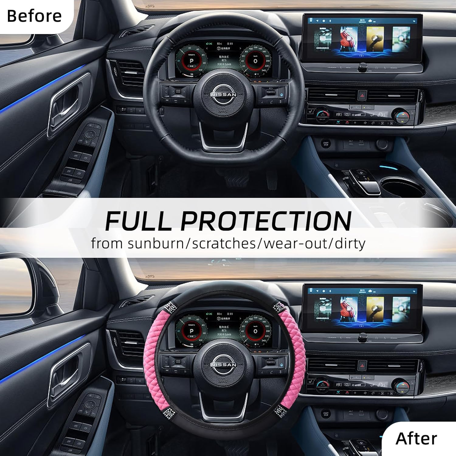 Thumbnail 5 de VidFair Steering Wheel Cover, Universal Size M (37–38 cm) in Pink with Bling Crystals