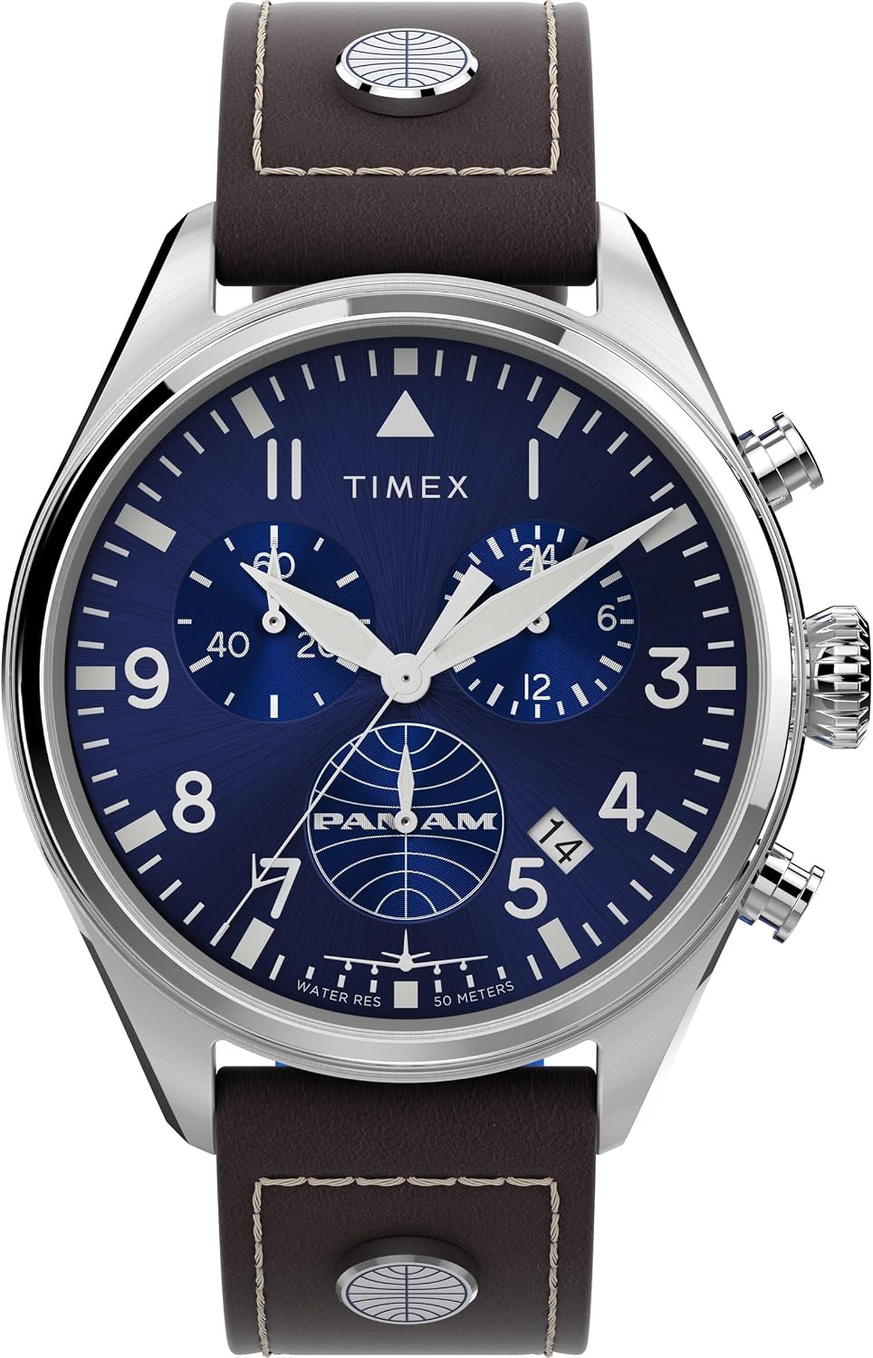 Detalle de Timex X Pan Am Chronograph für Herren, 42 mm – Edelstahlgehäuse, blaues Zifferblatt, Quarz