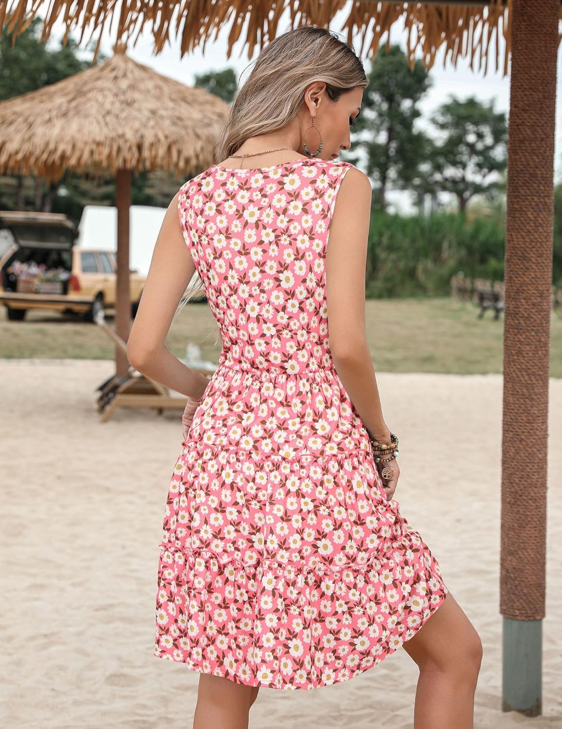 Detalle de Hotouch Robe Femme Été sans Manches — Robe Décontractée à Fleurs avec Poches, Mi-longue