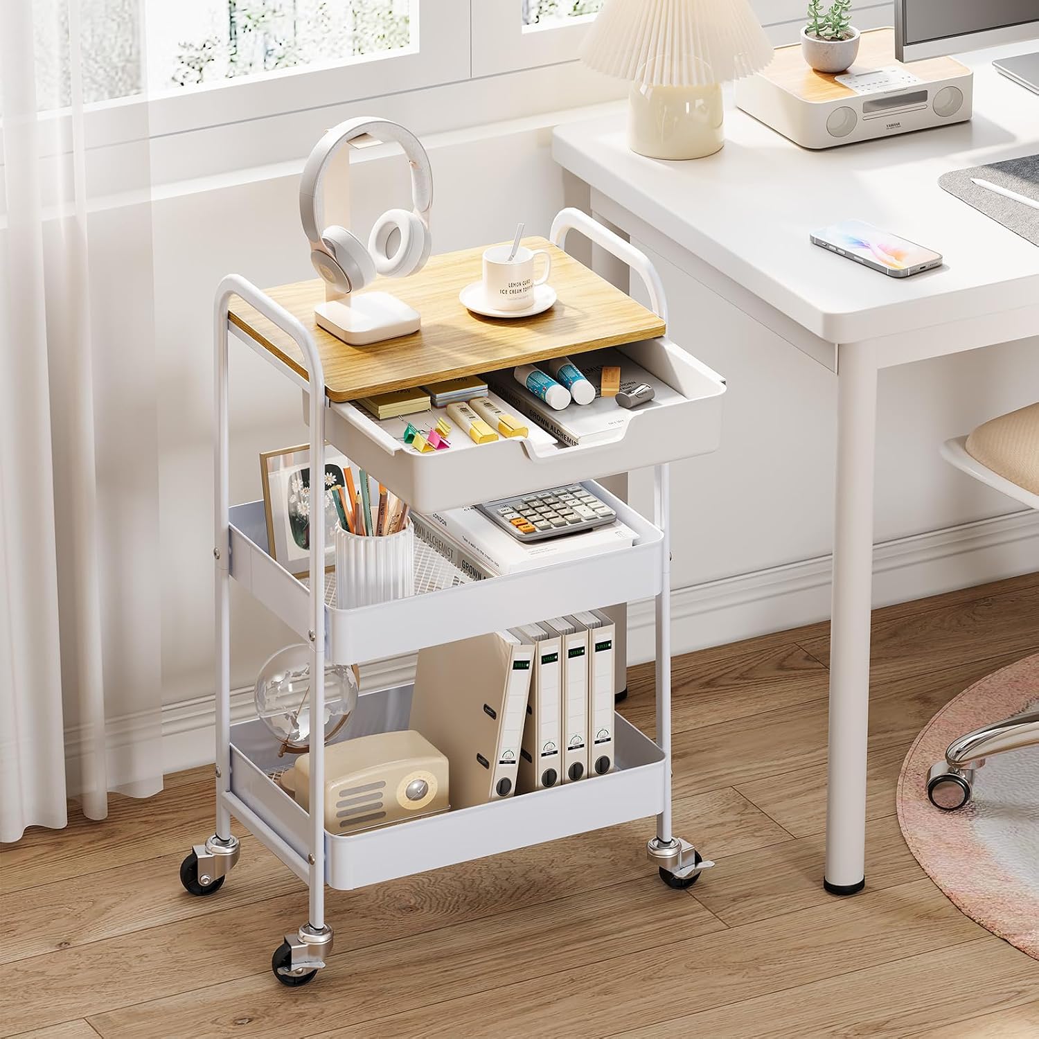 Detalle de KINGRACK Carrello a 3 ripiani con cassetti beige