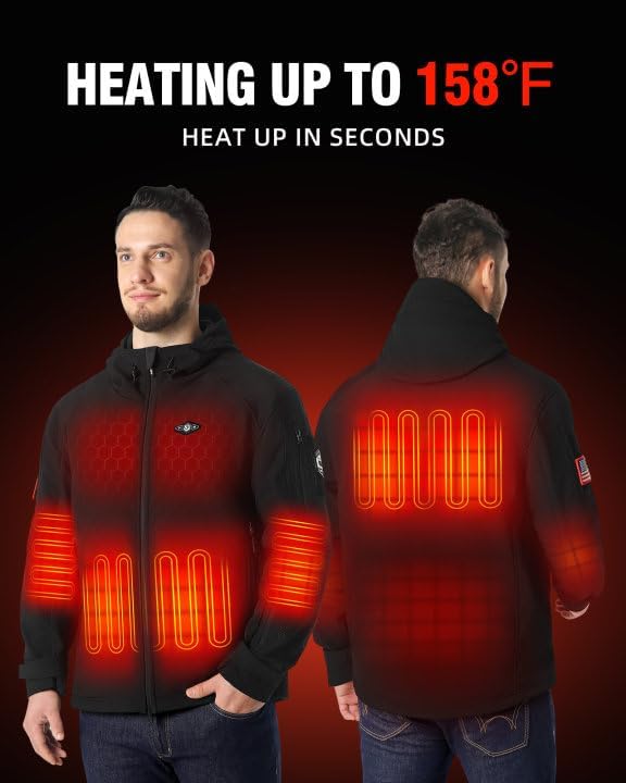 Detalle 2 de WASOTO Men's Heated Jacket with 18,400mAh Battery Pack, Windproof Design and Foldable Hood