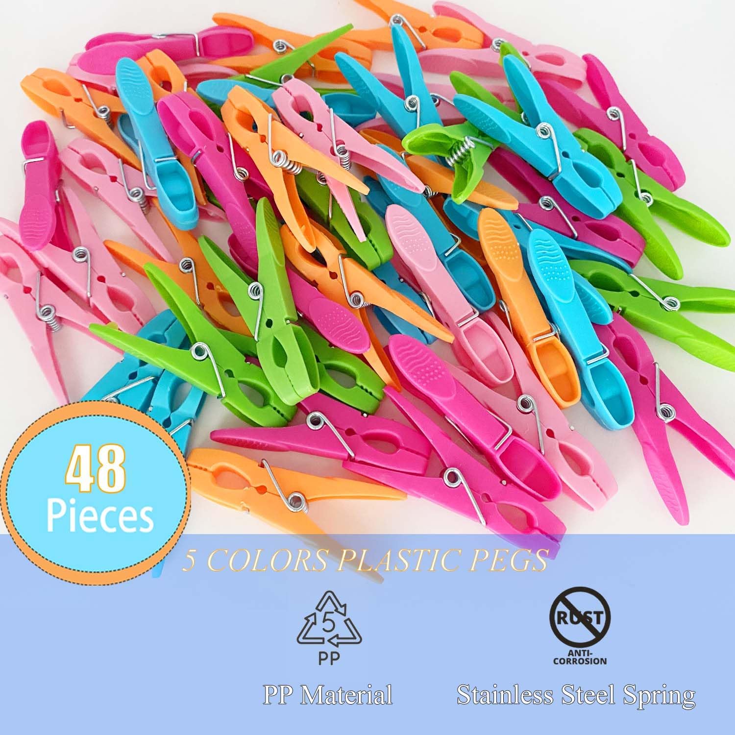 Thumbnail 1 de Bonilife Clothes Pegs (48 packs) strong-grip plastic pegs for washing line in 5 colours