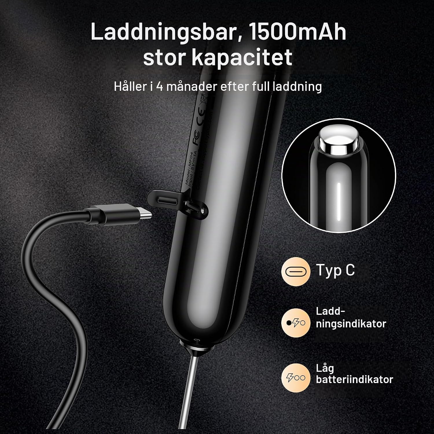 Detalle de Typhur InstaWhisk MF04 elektrisk mjölkskummare med USB-C och variabel hastighet