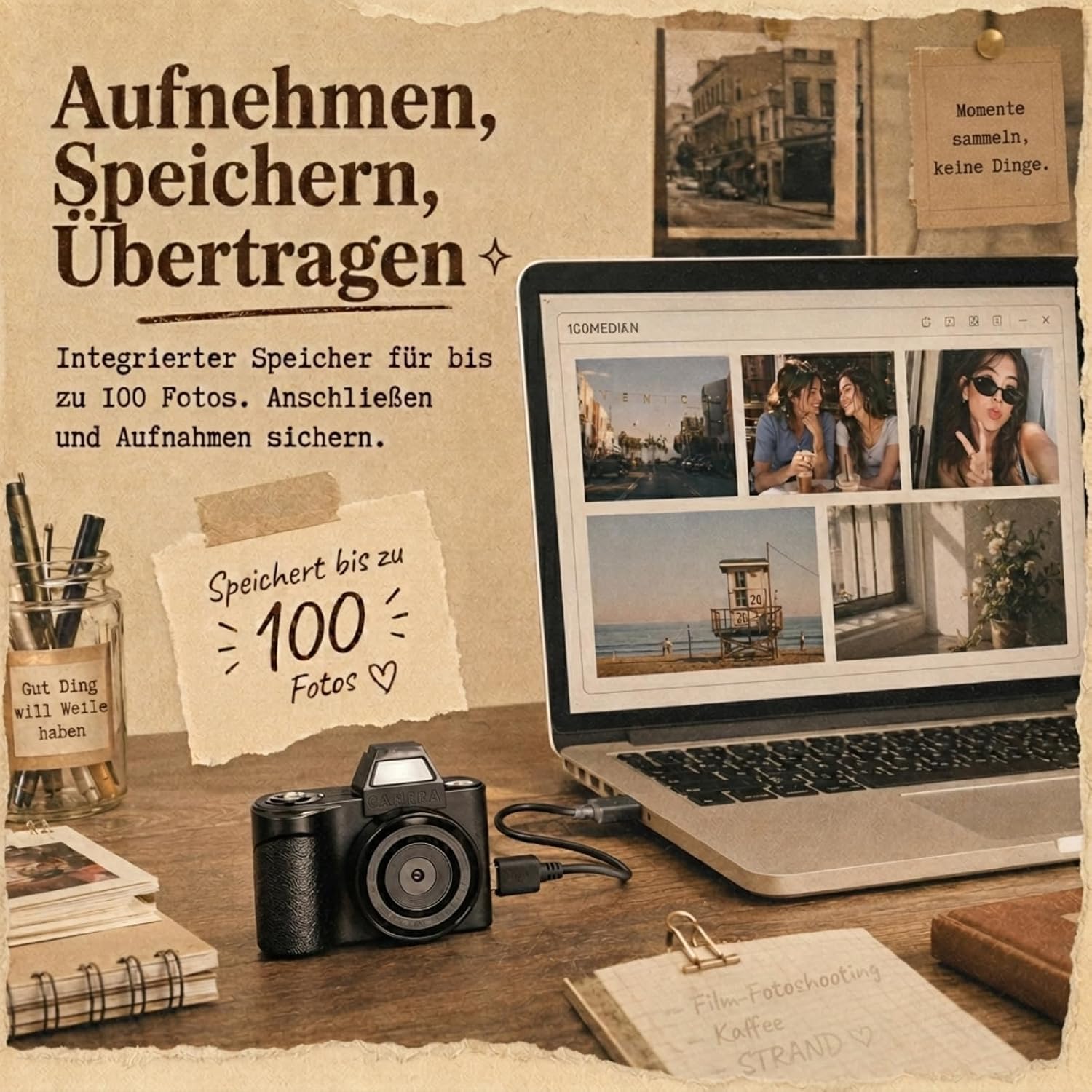 Detalle de MaxMango Mini Schlüsselanhänger Digitalkamera – Retro-Kamera mit 1,3 Zoll, 1080P und 64 GB Speicher (Schwarz)