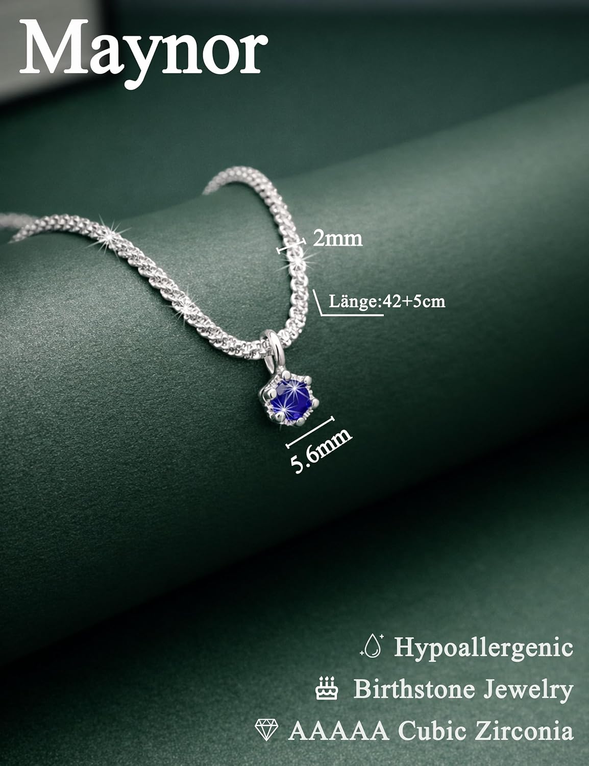 Detalle 2 de Maynor Geburtsstein Halskette Damen – 925 Sterling Silber mit Zirkonia Anhänger in 12 Farben