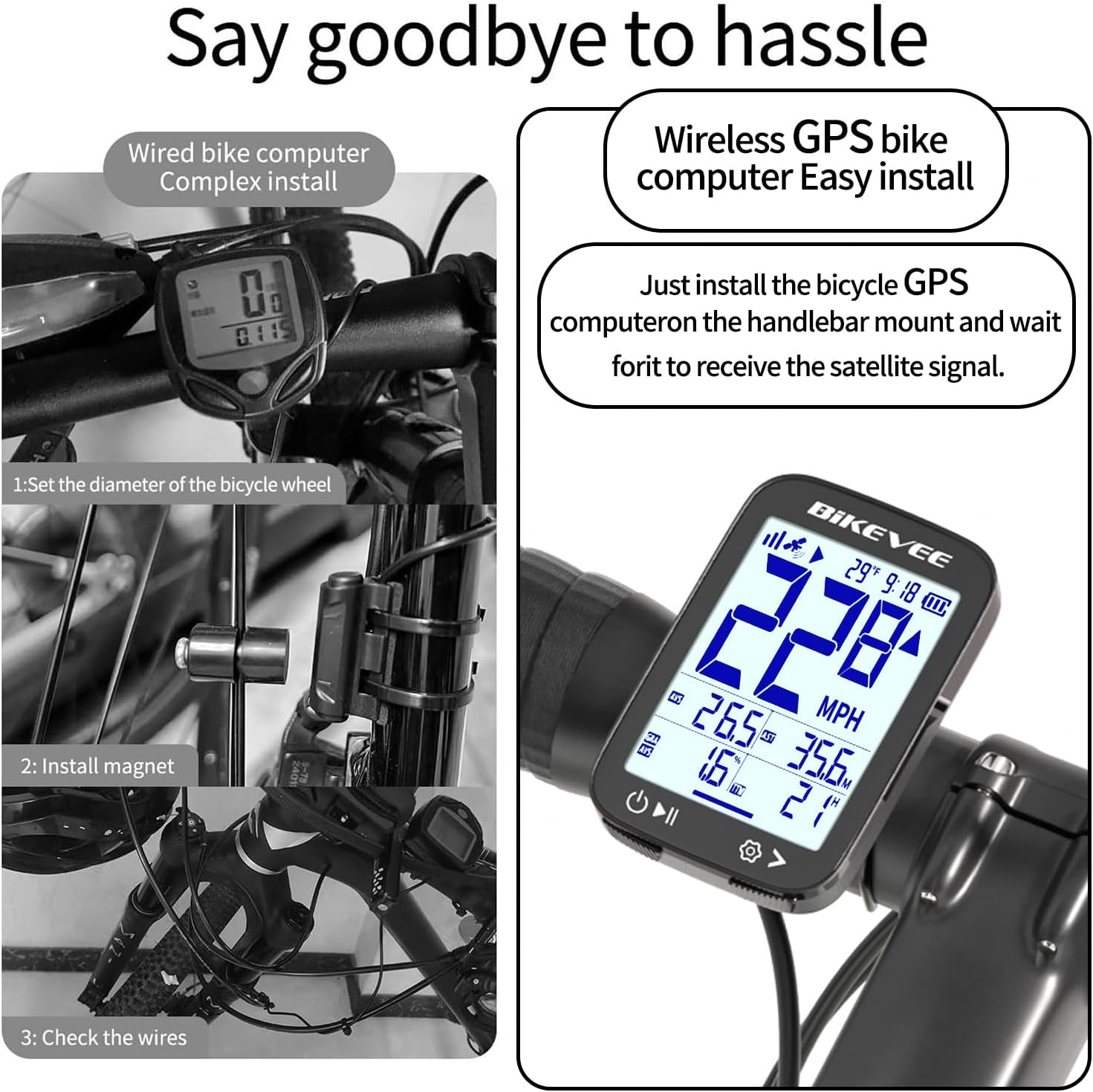 Detalle de Bikevee GPS Fahrradcomputer Kabellos – 2,4 Zoll FSTN Display, IPX7, 28h Akkulaufzeit