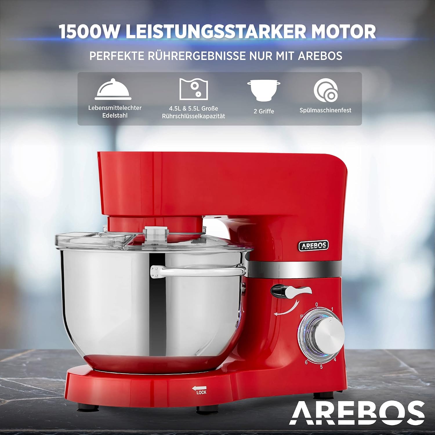 Detalle de Arebos Küchenmaschine 1500W mit 2 Schüsseln 🍽