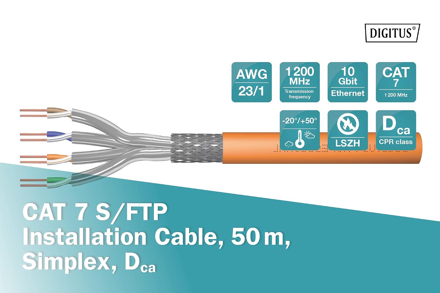 Detalle de DIGITUS Cat 7, kabel instalacyjny LAN 50 m S/FTP, LSZH, PoE+, 10 Gbit/s