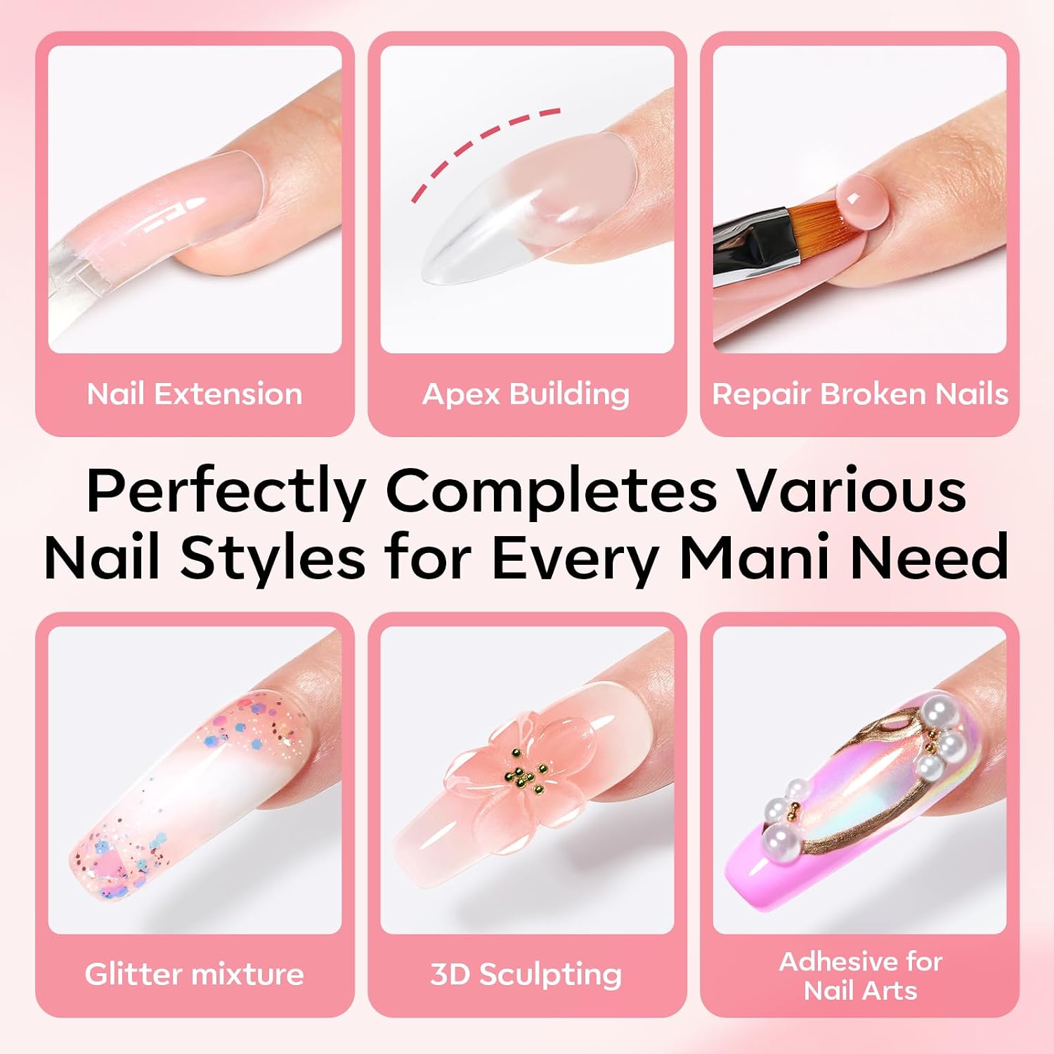Detalle de Modelones Poly Gel Nail Kit: 3 Colors Clear, White & Apricot with Slip Solution and Dual Nail Forms