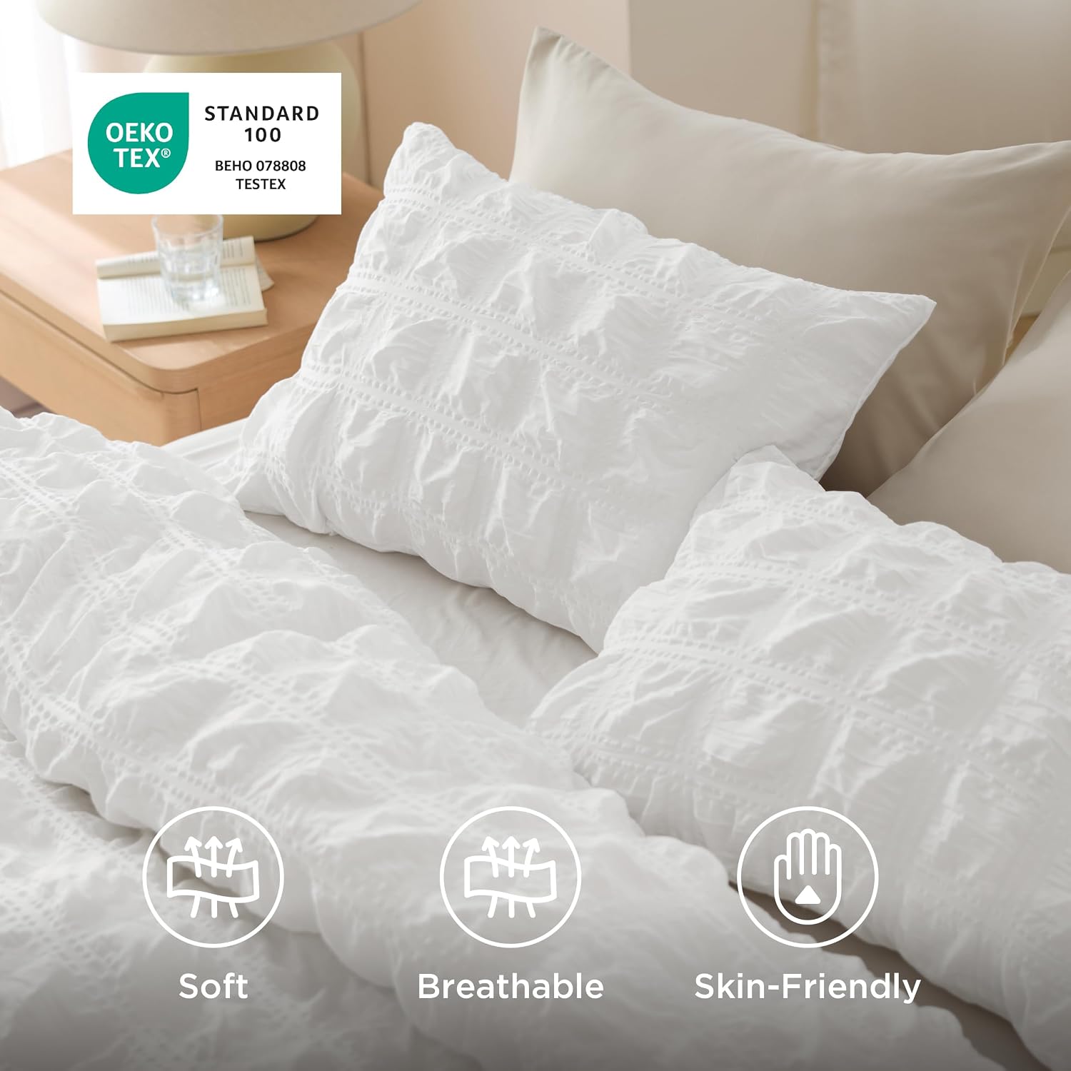 Detalle 2 de Bedsure King Size Duvet Cover Set in White Seersucker (230x220 cm) with Zipper Closure & 2 Pillowcases