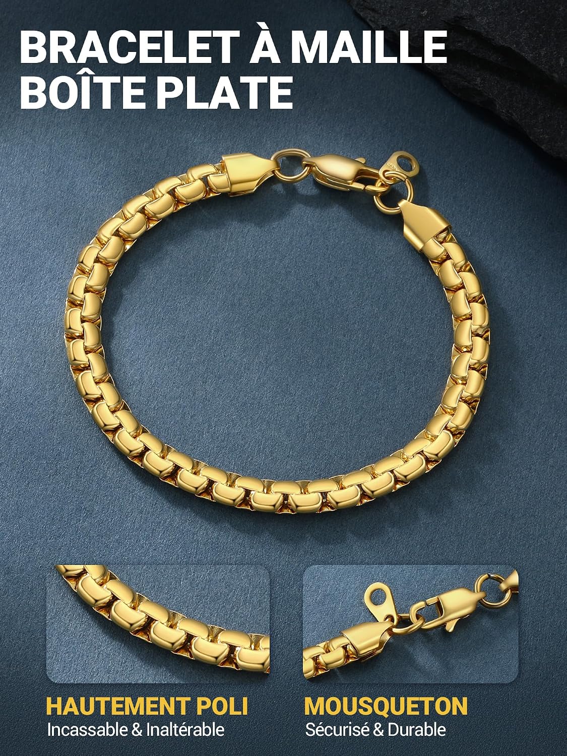 Thumbnail 2 de PROSTEEL Chaîne bracelet maillons plats 4 mm / 6 mm en acier inoxydable ou plaqué or, longueur 20 ou 22 cm