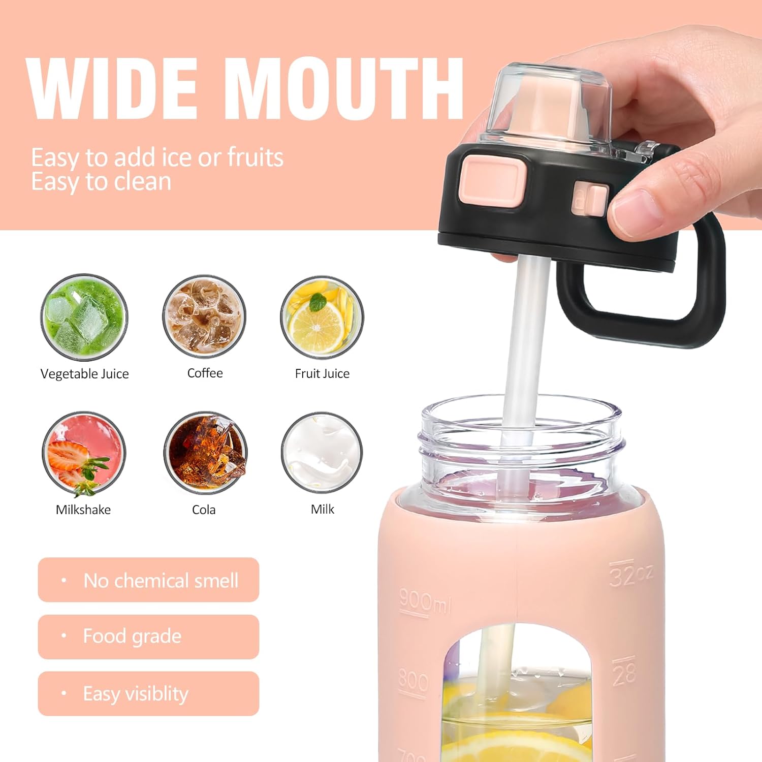 Detalle de BLUEGO 900ml Glass Water Bottle with Handle, Straw & Silicone Sleeve – Leak-Proof Hydration for Gym and Outdoors