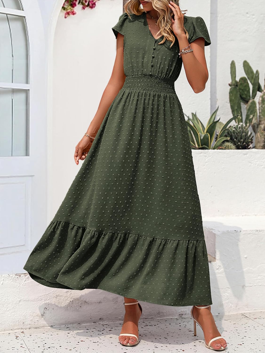 Detalle de PrettyGarden Womens Dresses 2026 Summer Maxi Dress: Boho Swiss Dot, V-Neck, Smocked Waist