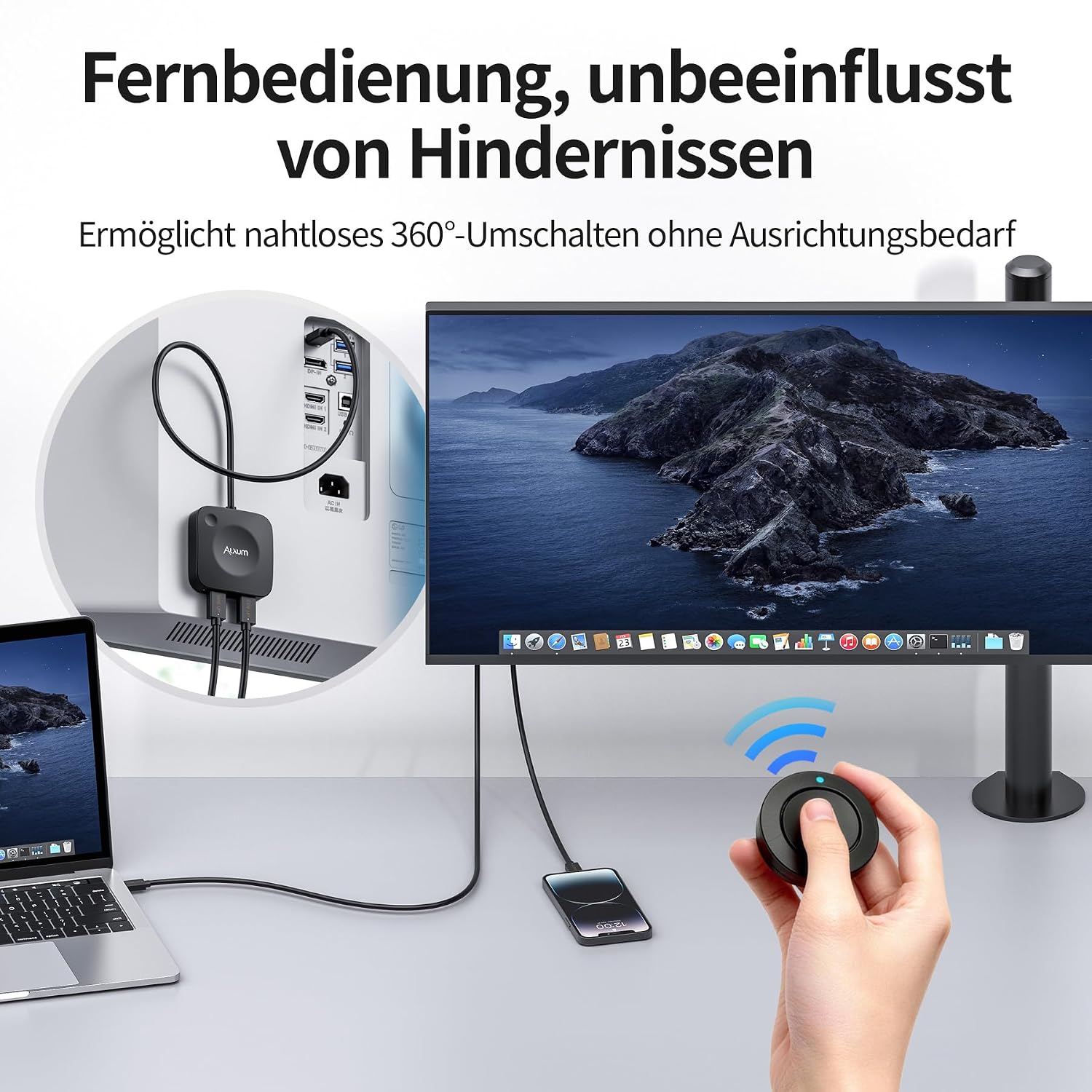 Detalle de Alxum USB-C Switch 2 Geräte, 2 Eingänge – 2 in 1 Out, 8K/4K Video, 140W PD, USB4 mit Fernbedienung