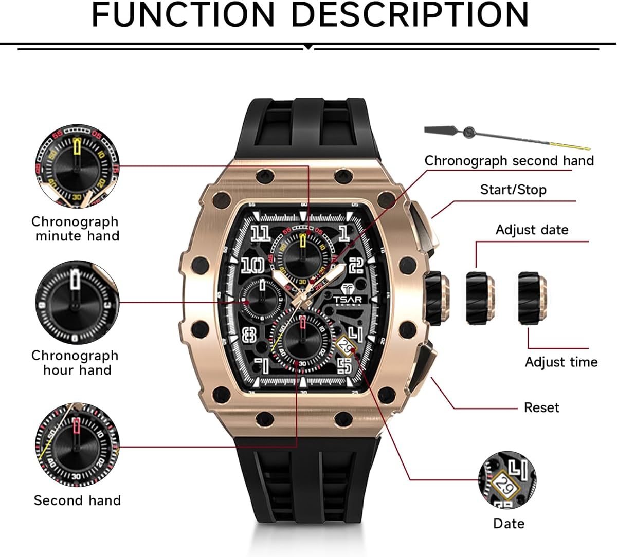 Thumbnail 5 de TSAR BOMBA Orologio da Uomo Tonneau Lusso con Cristallo di Zaffiro e Movimento al Quarzo Giapponese