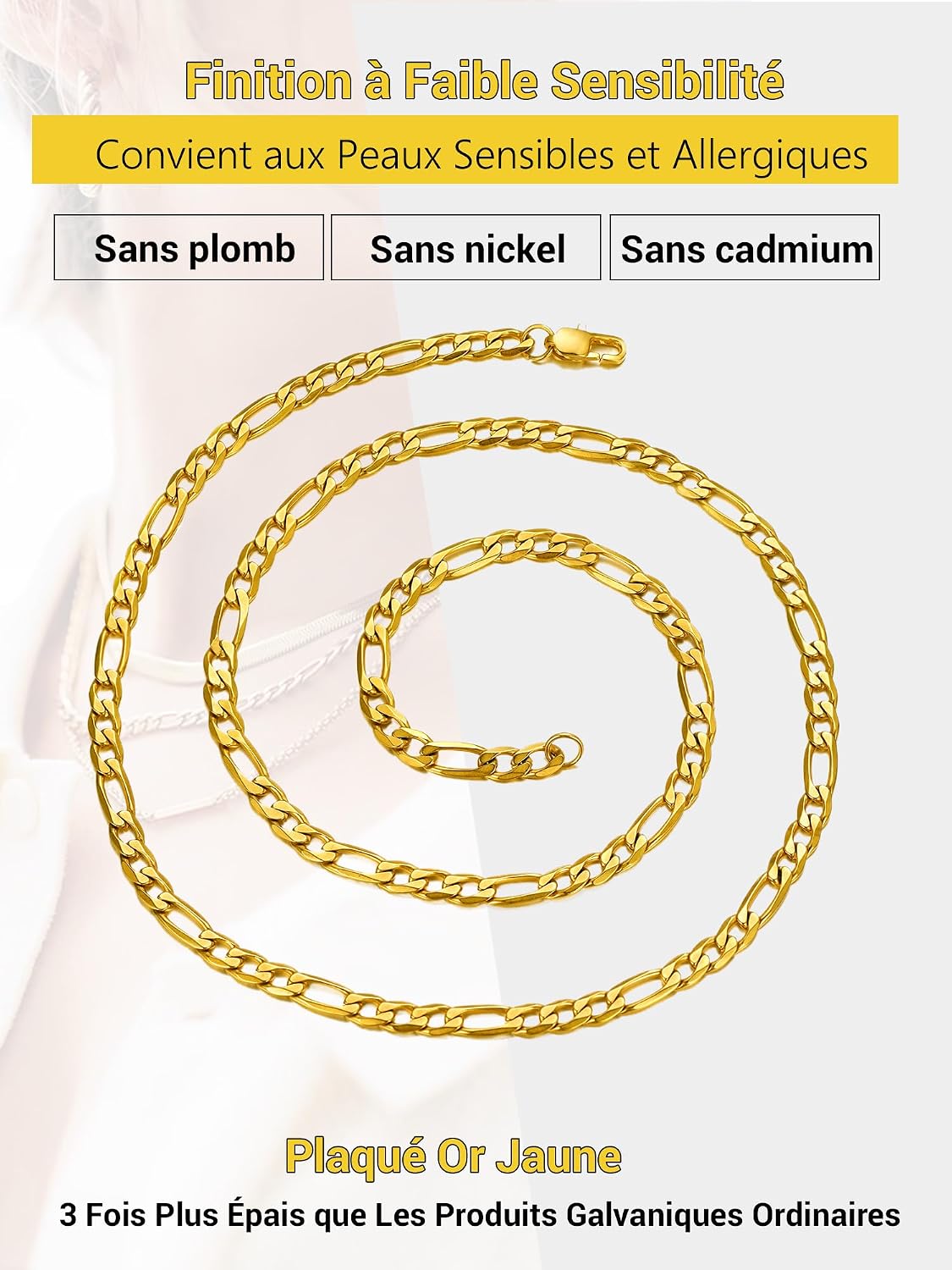 Detalle de PROSTEEL Collier chaîne Figaro en acier inoxydable 316L avec plaquage (maillons alternés) pour femme ou homme