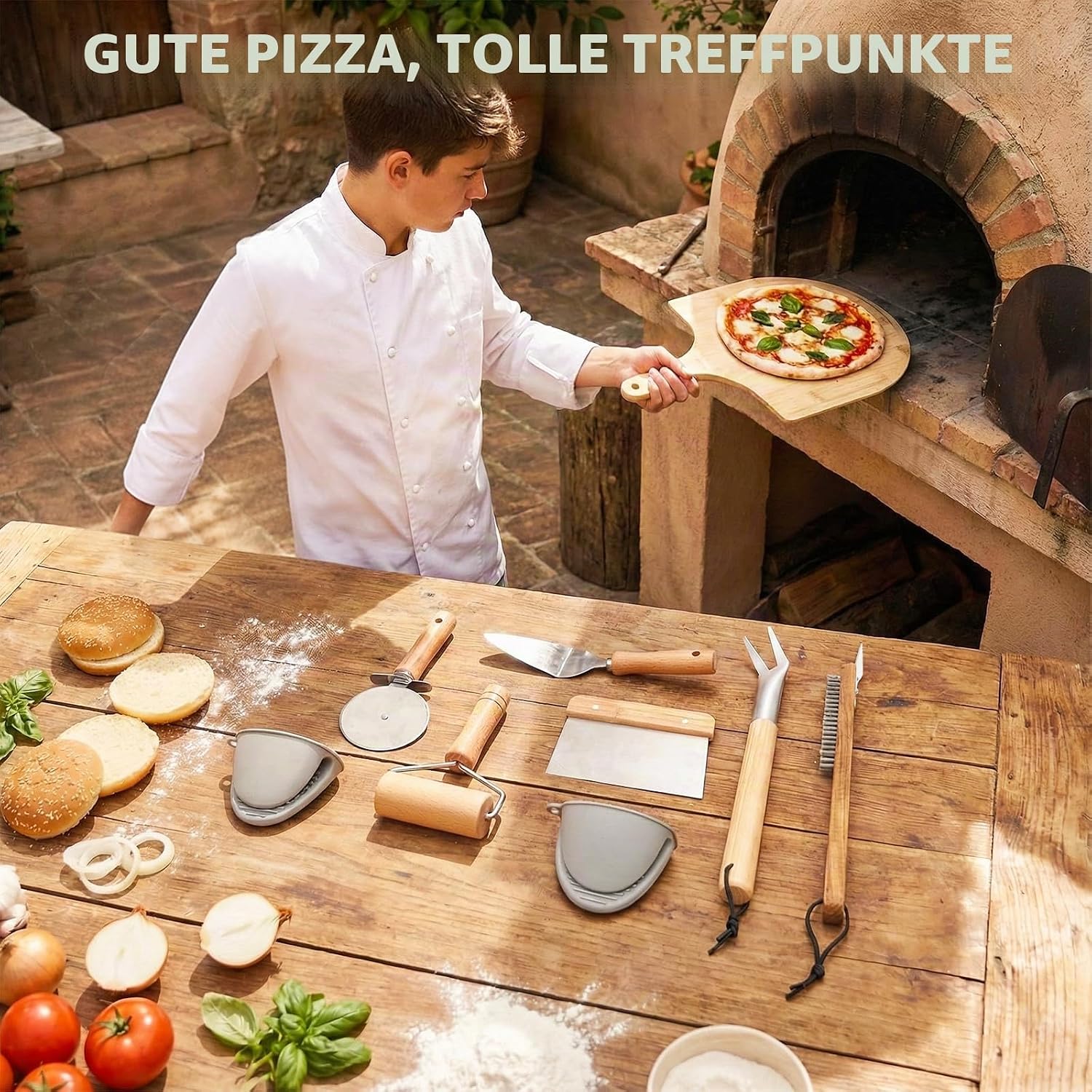 Detalle de 8-teiliges Pizza-Set mit Pizzaschieber, Ofenbürste und mehr – Alles für perfektes Backen im Ofen oder Gasgrill