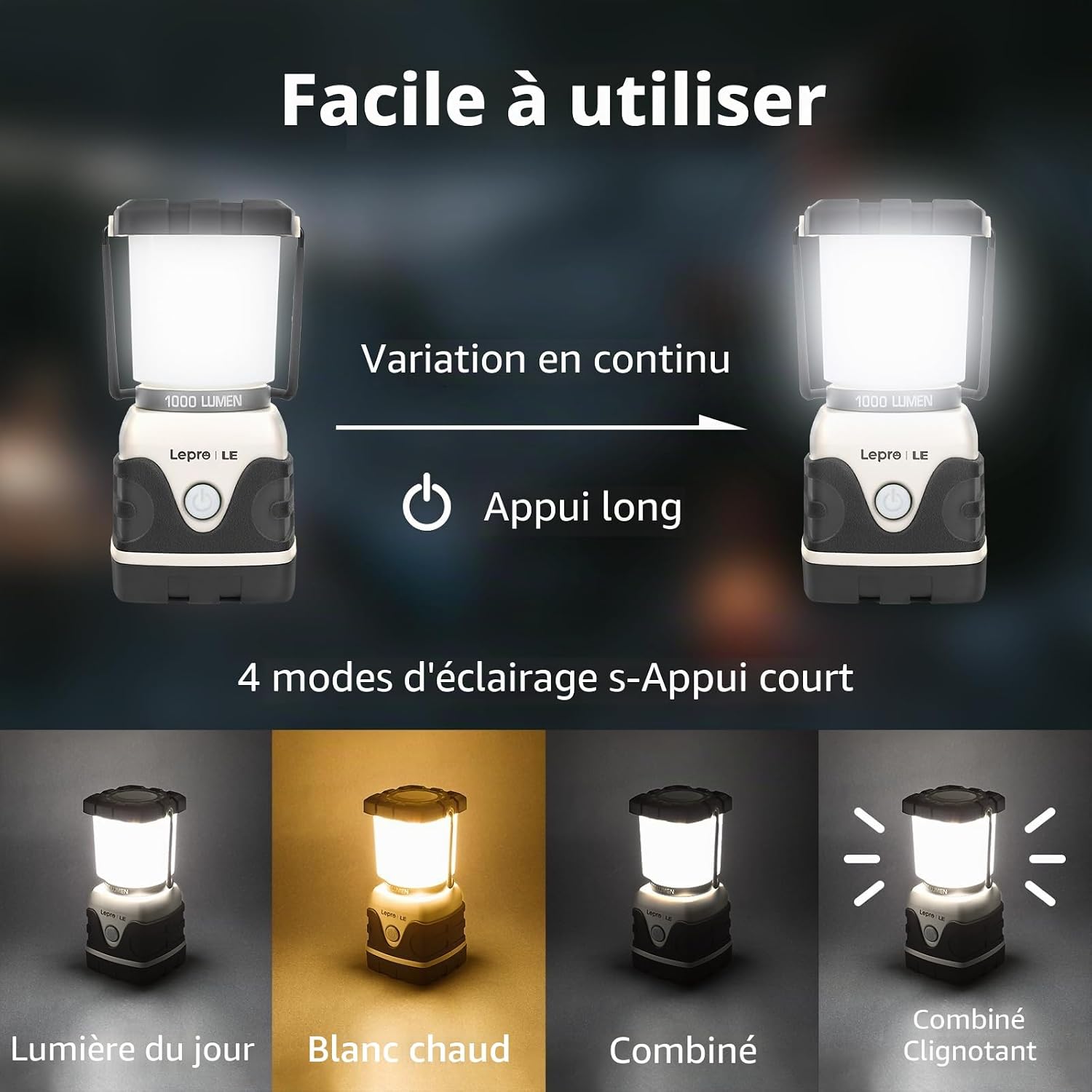 Detalle de Lepro Lampe de Camping LED 1000 lm, lanterne étanche IPX4 à piles avec luminosité réglable et 4 modes