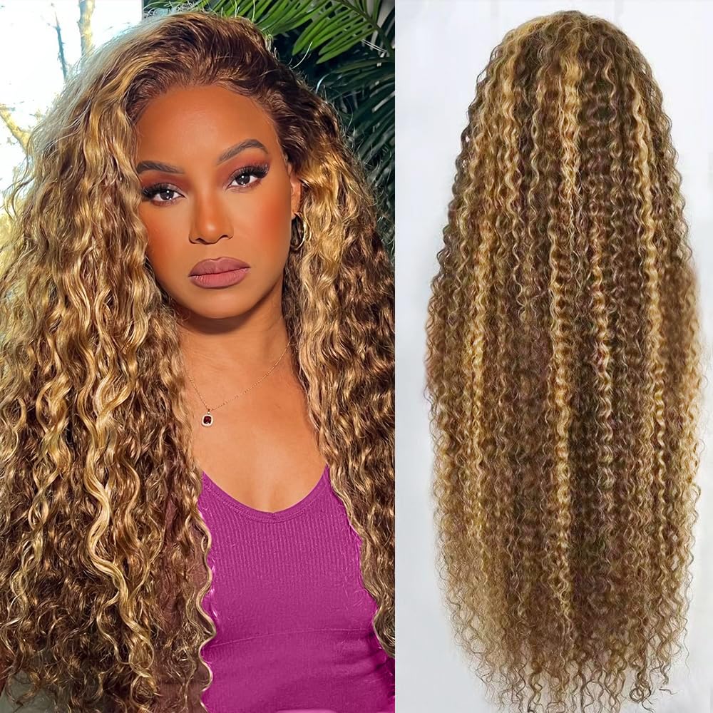 Abbildung 30-inch Highlight Ombre Lace Front Wig Human Hair 13x6 Deep Wave, Honey Blonde 4/27, Glueless, HD Lace