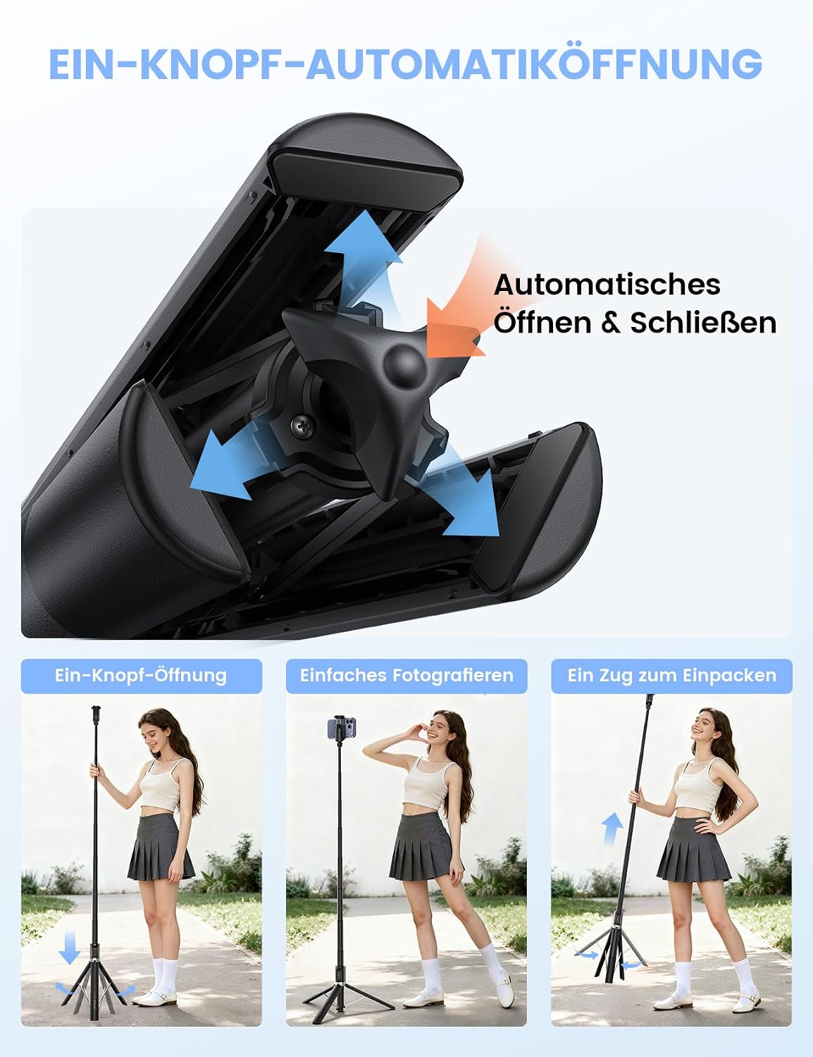 Detalle de Lamicall Handy Stativ 3-in-1: Selfie Stick mit Automatik-Öffnung und Fernbedienung – 165 cm
