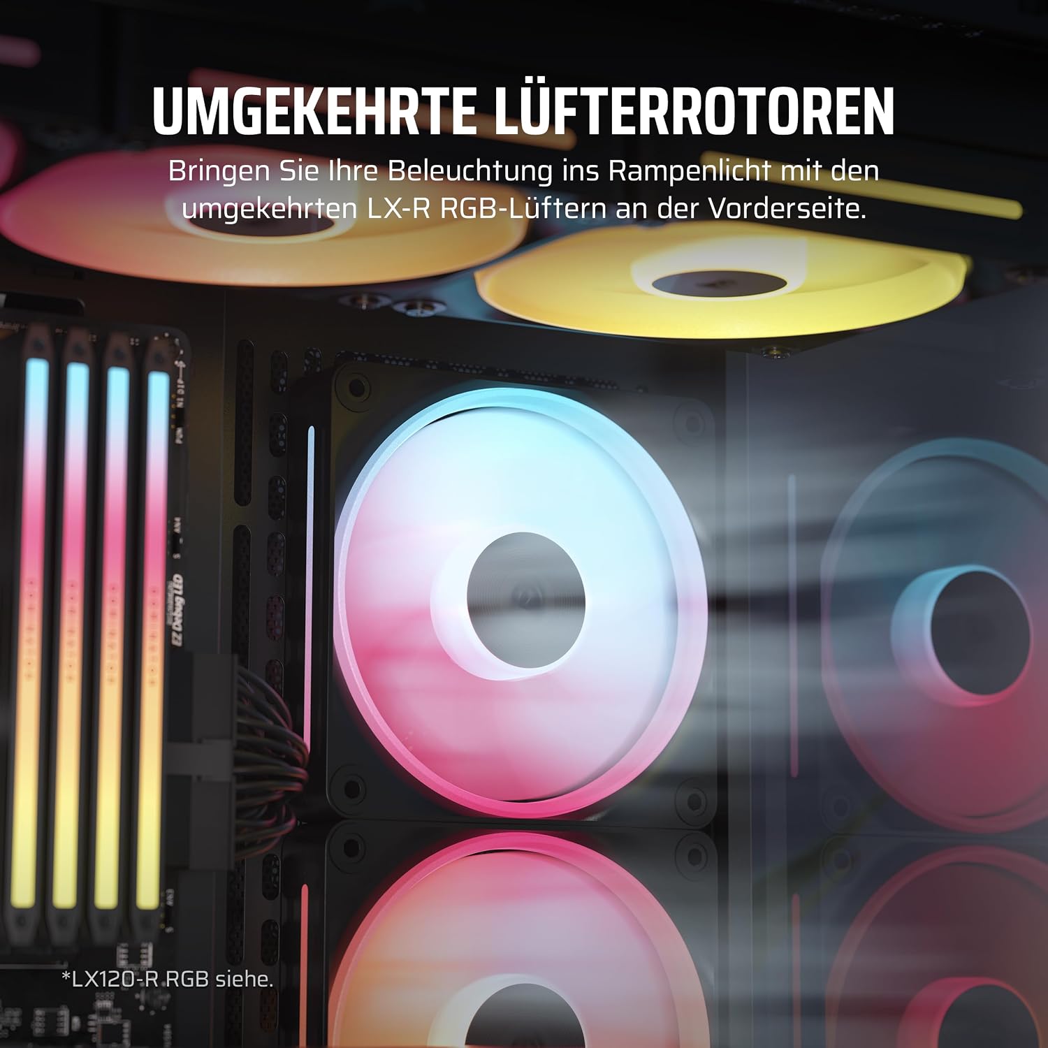 Detalle de CORSAIR iCUE LINK LX140-R RGB 140-mm PWM-Umkehrlüfter (doppelter Lüftersatz) – schwarz