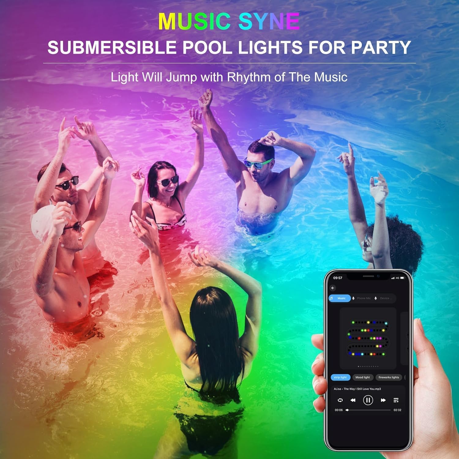 Detalle 2 de NATPOW Pond Lights Underwater Mains RGB Set of 4: Submersible, App & Remote Controlled