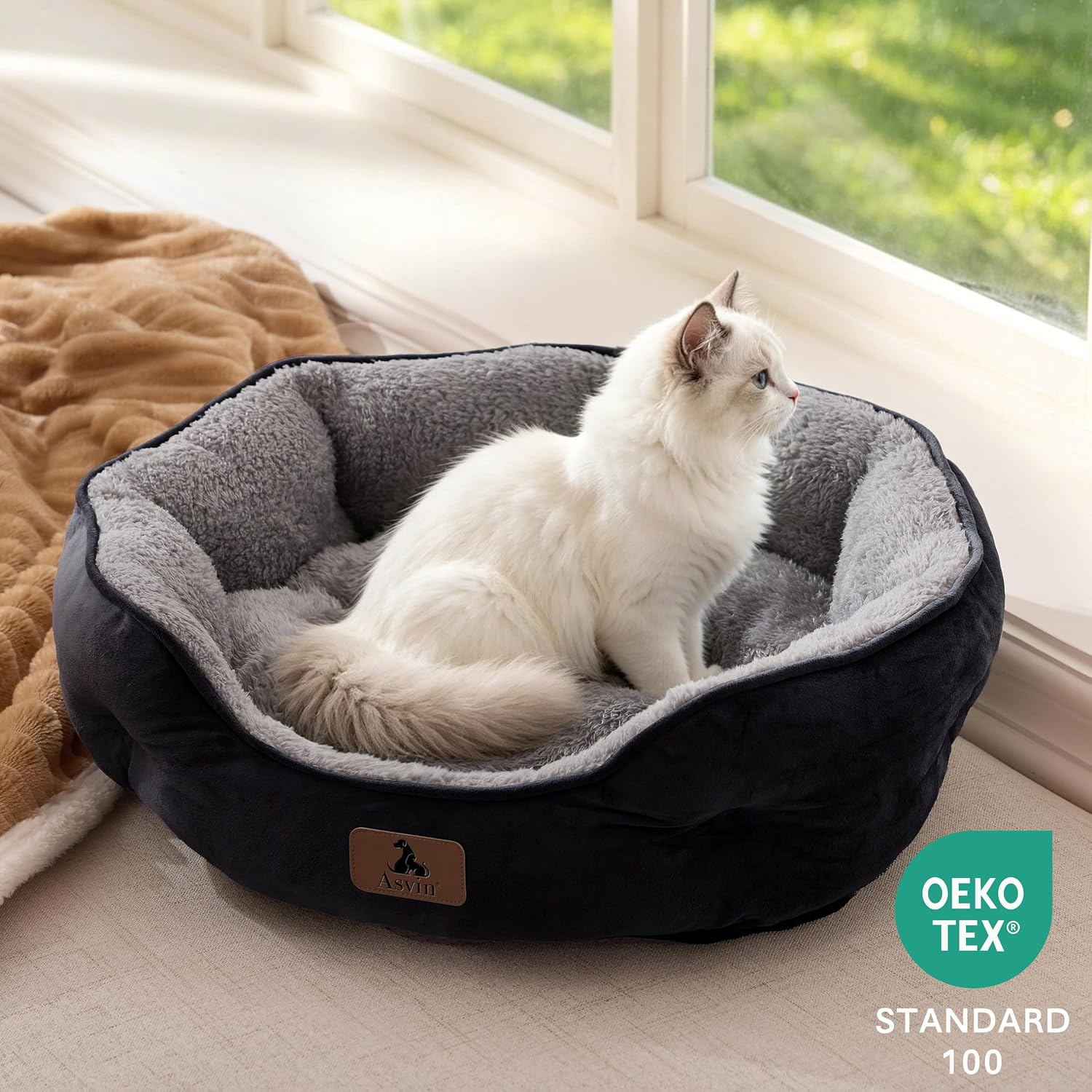Detalle 2 de Asvin 25-Inch Round Pet Bed, Sherpa Fleece, Machine Washable, Non-Slip Base