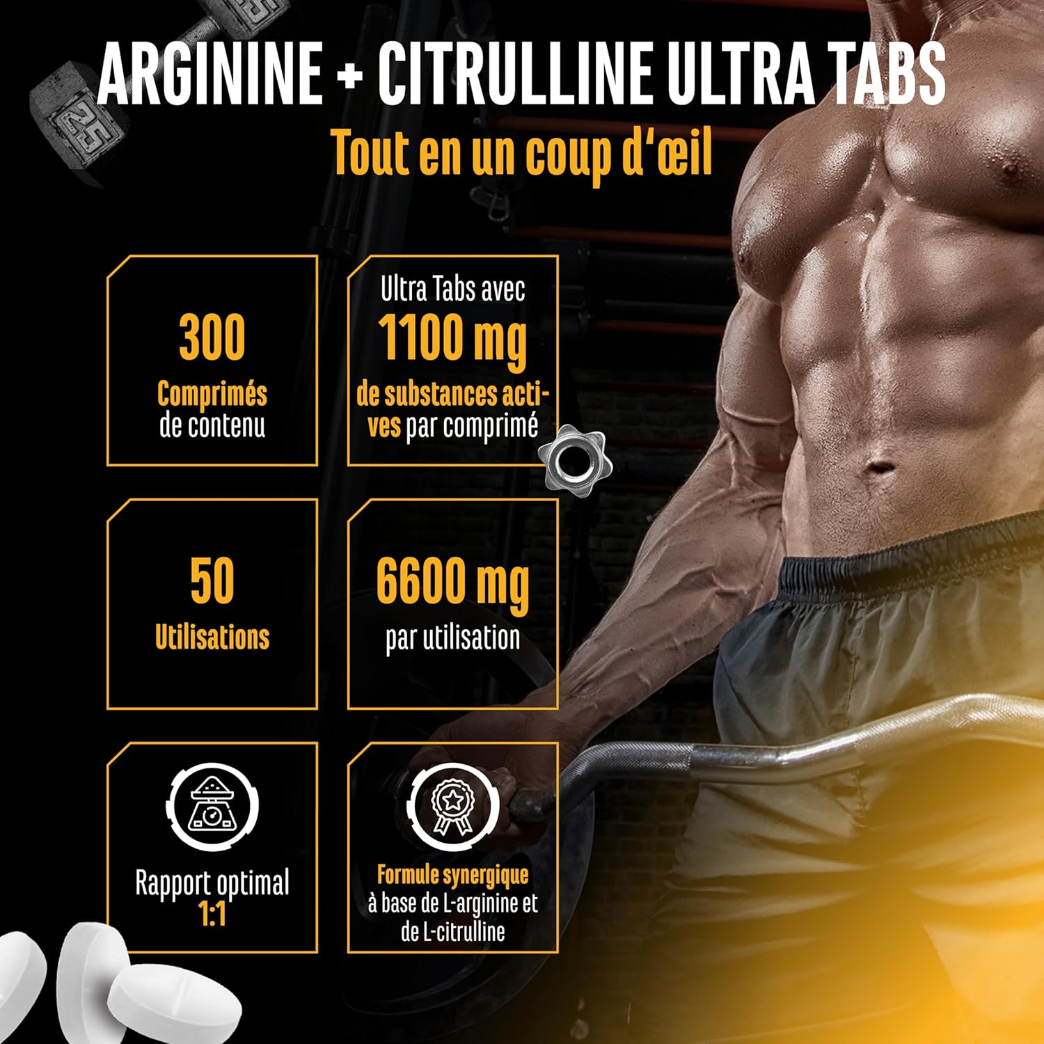 Thumbnail 1 de L-Arginine + L-Citrulline Ultra comprimés – 300 comprimés vegan, 1100 mg par dose