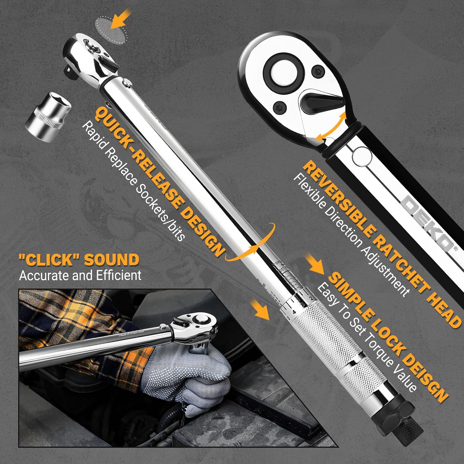Detalle de DEKOPRO DKHWTW0002 momentsleutel 3/8, 6,8–67,8 Nm en 72 tanden