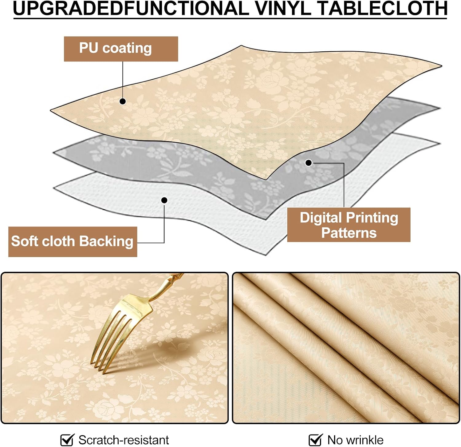 Thumbnail 5 de Smiry Square Table Cloth, Waterproof Heavy Duty Vinyl Tablecloths (54" x 54", Champagne)