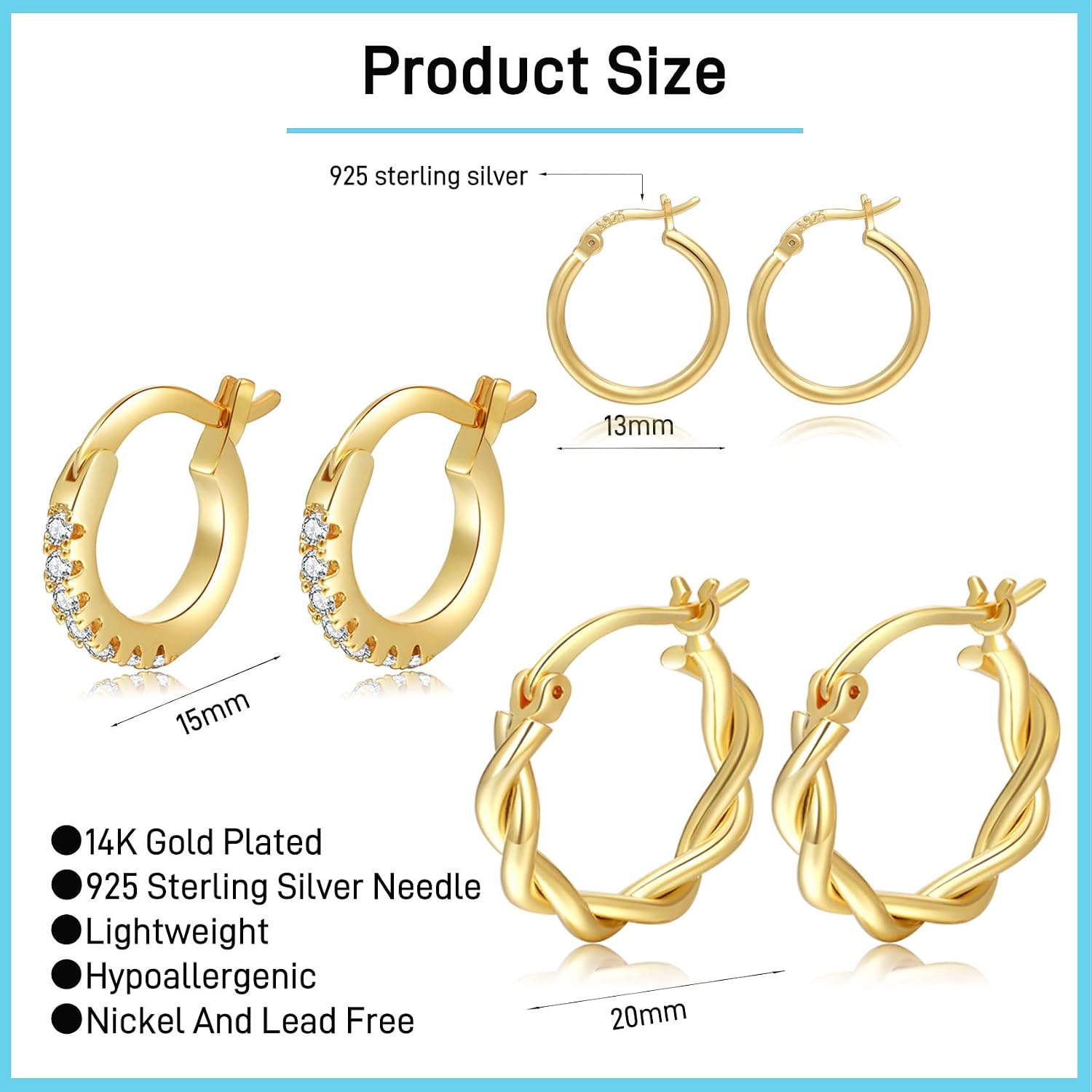 Detalle 2 de PABBEU Hoop Earrings Set, 925 Sterling Silver